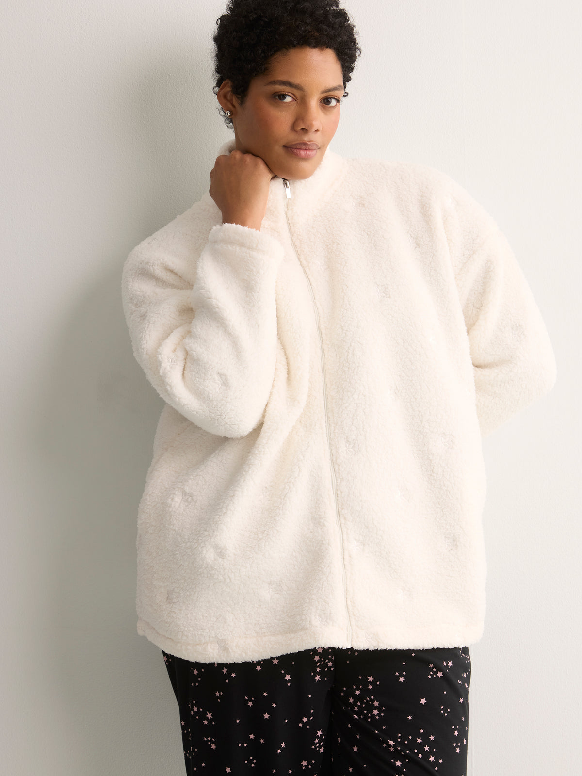 White Fleece Zippy Jacket with Embroidered Stars - tiVOGLIO