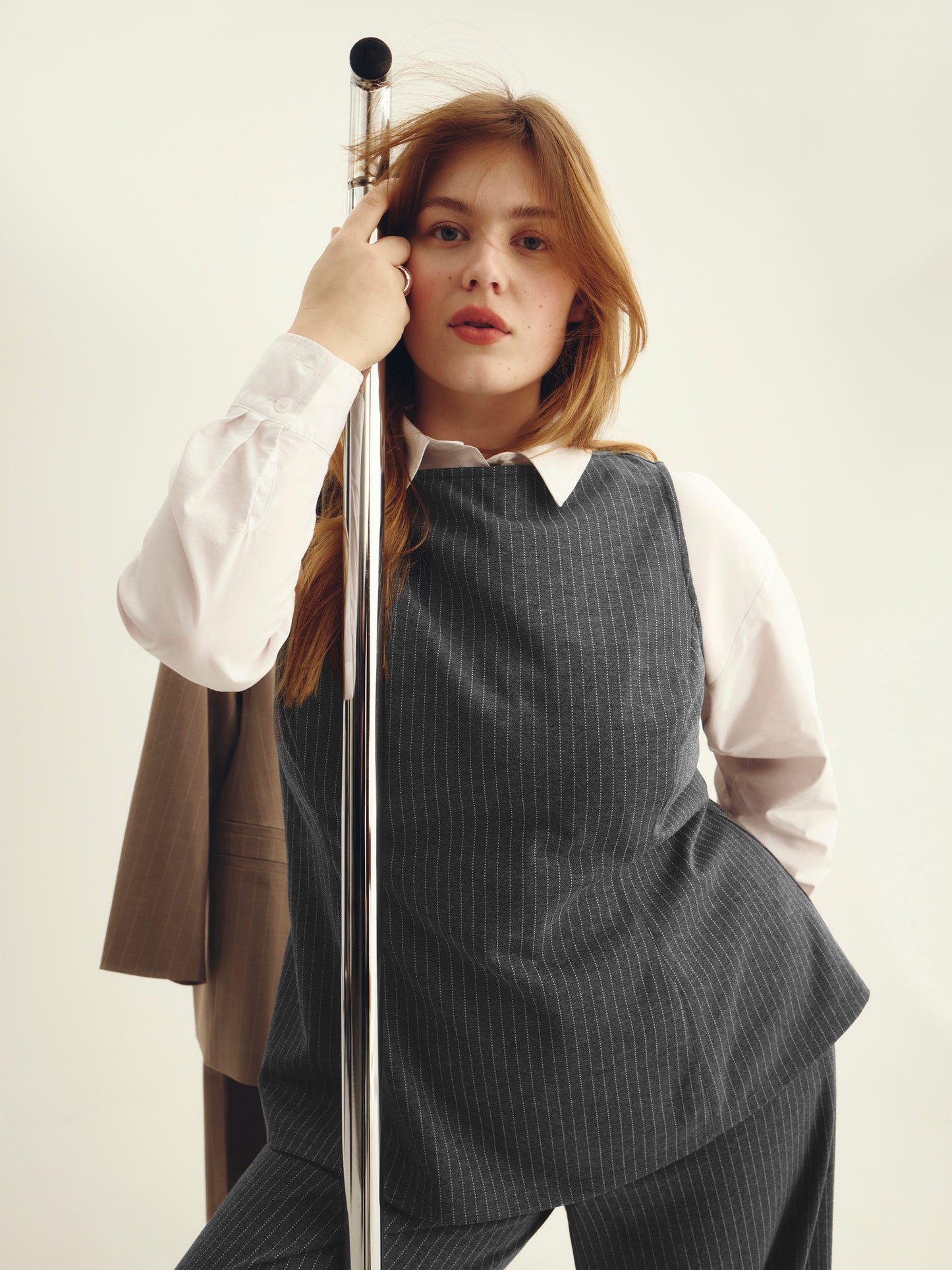 Gray Pinstripe Sleeveless Boat-Neck Top