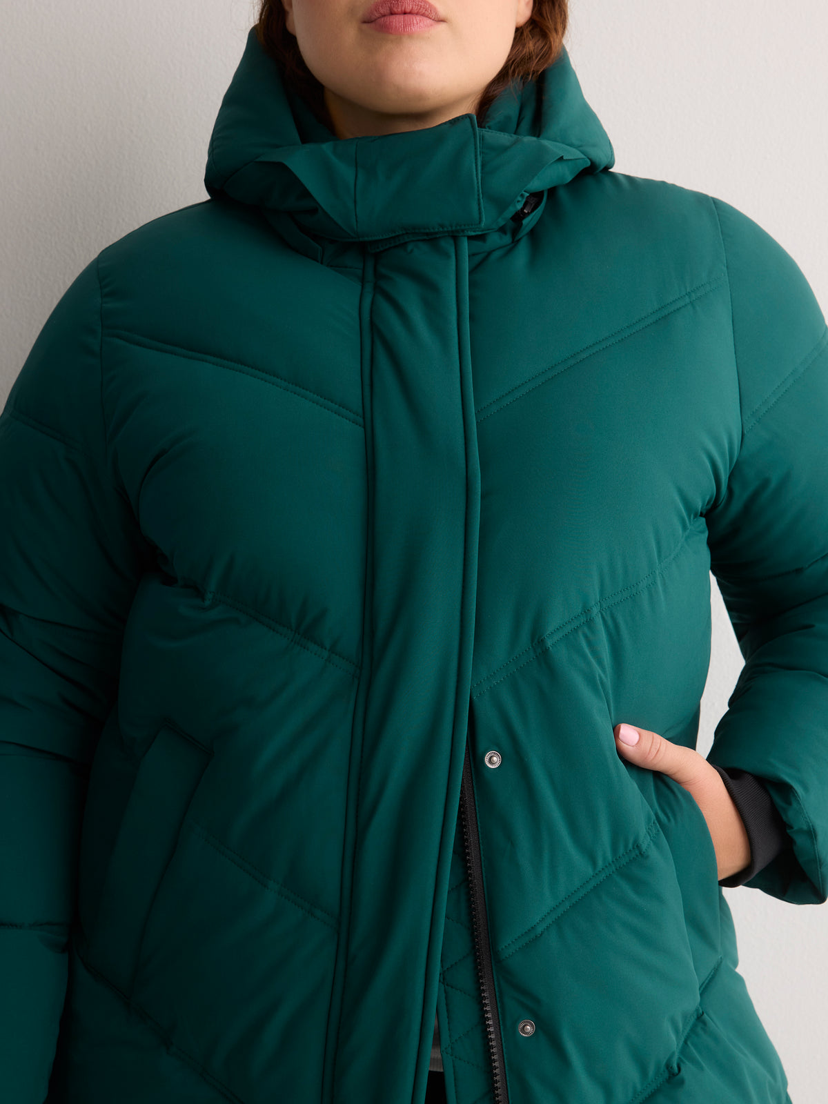 Black Hooded Knee-Length Stretch Puffer Jacket