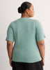 Straight Elbow-Sleeve Ribbed Knit Henley Top