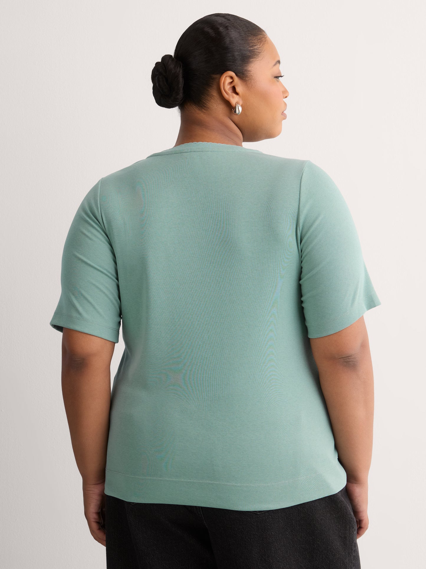 Straight Elbow-Sleeve Ribbed Knit Henley Top
