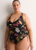 Black Floral Shirred V-Neck Tankini Top