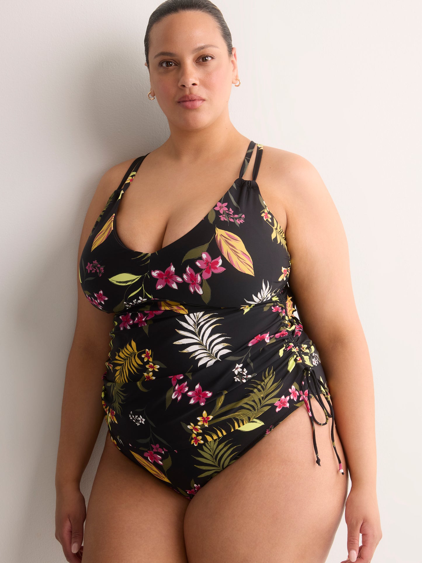 Black Floral Shirred V-Neck Tankini Top