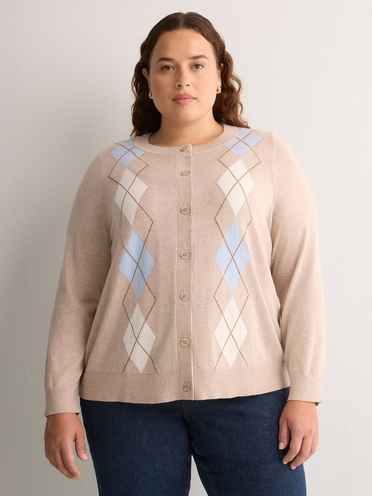 Responsible, Argyle Buttoned-Down Cotton Blend Crew Neck Cardigan