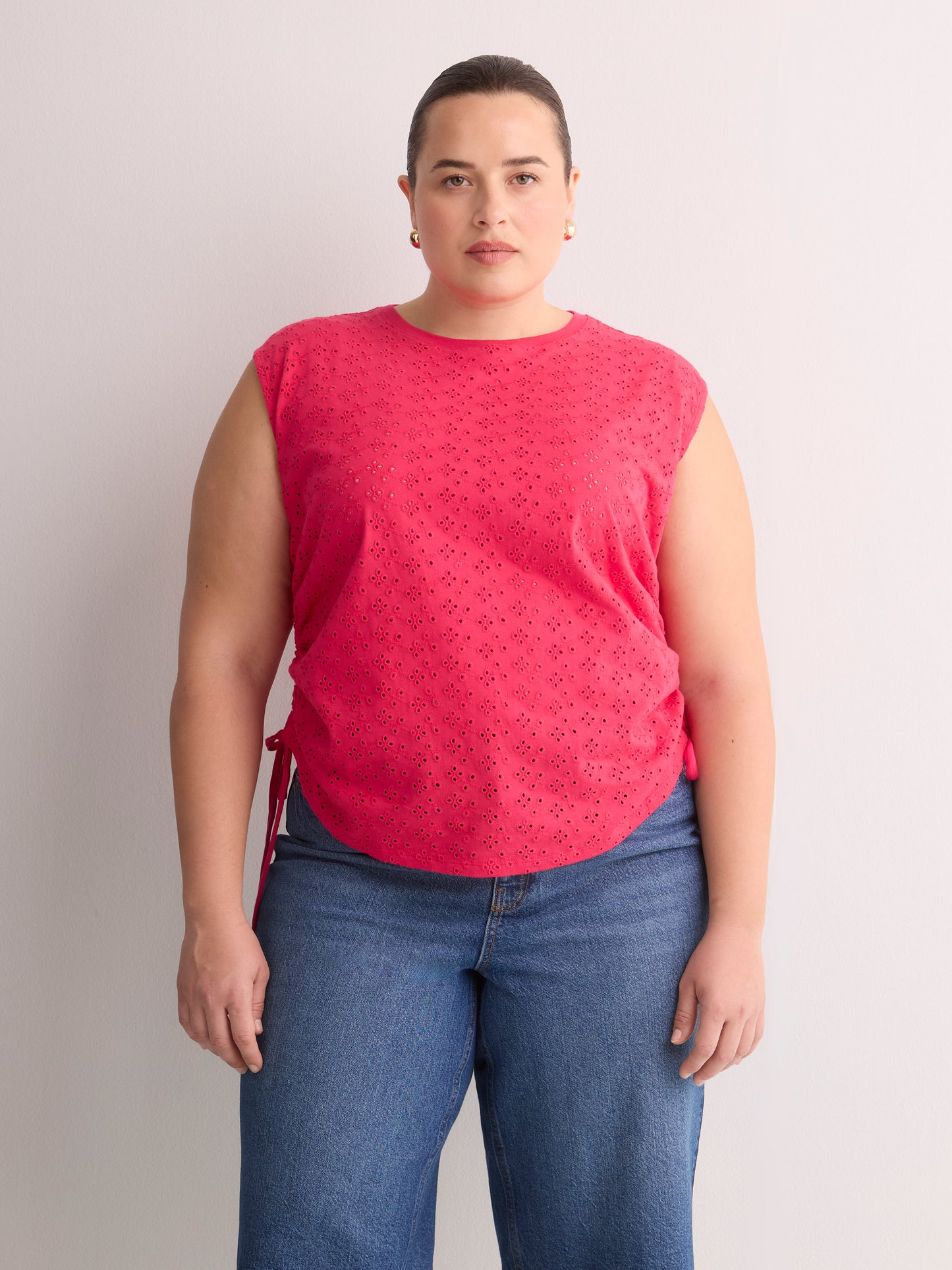 Sleeveless Eyelet Knit Top with Shirred Sides