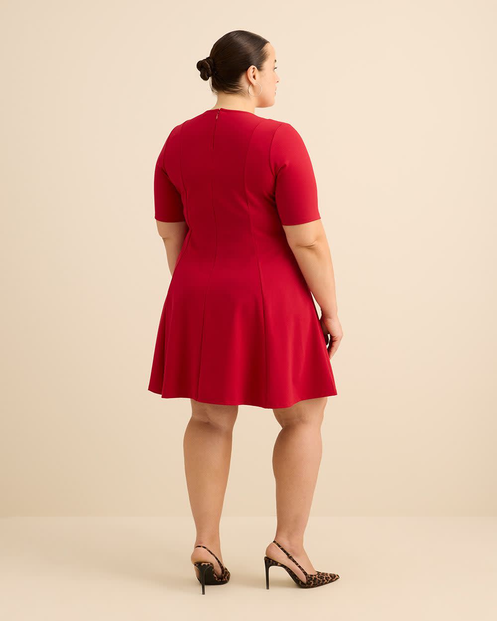 Fit and Flare Elbow-Sleeve Rib Knit Dress