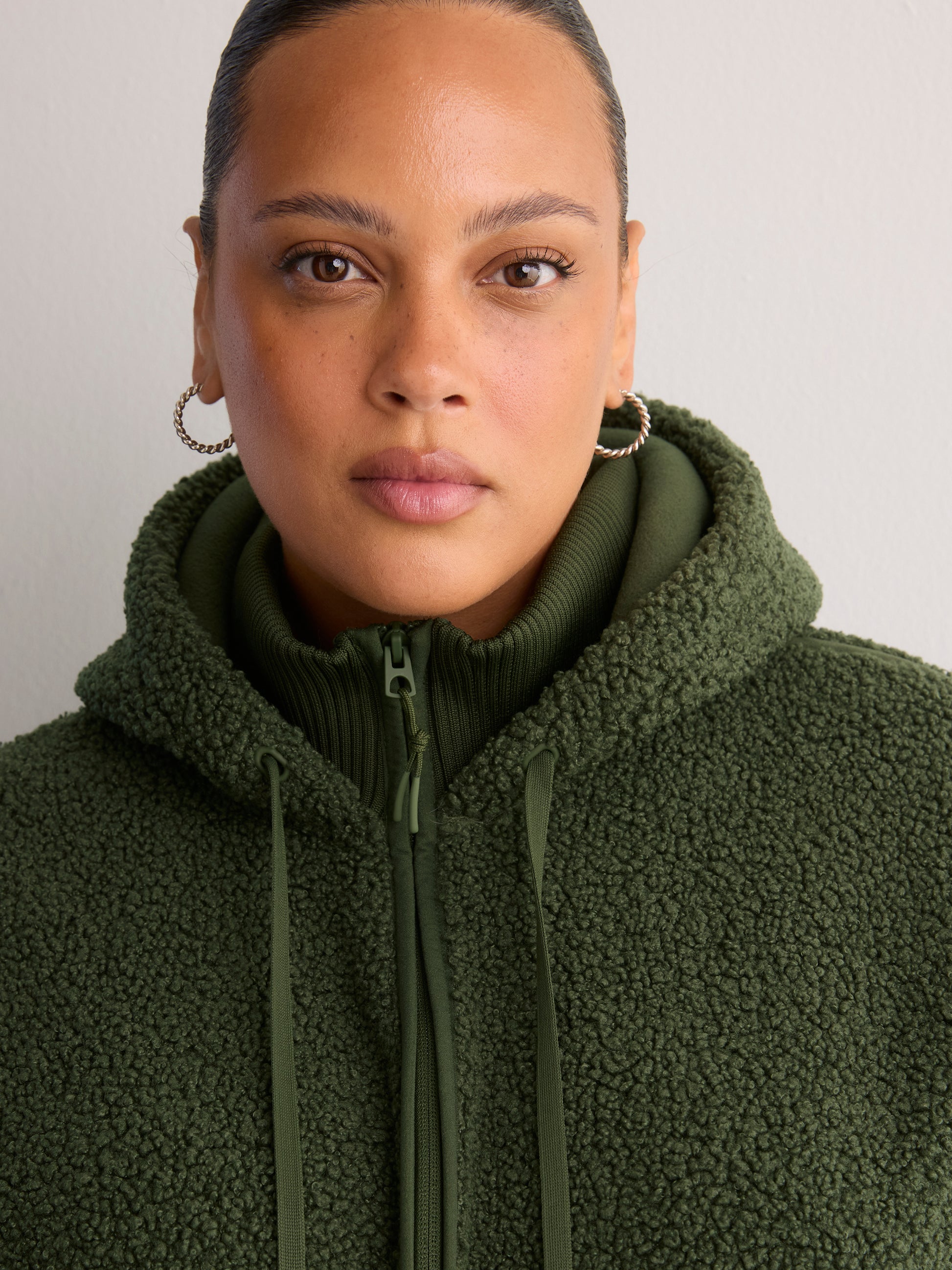 Long Hooded Mock-Neck Sherpa Jacket - Active Zone