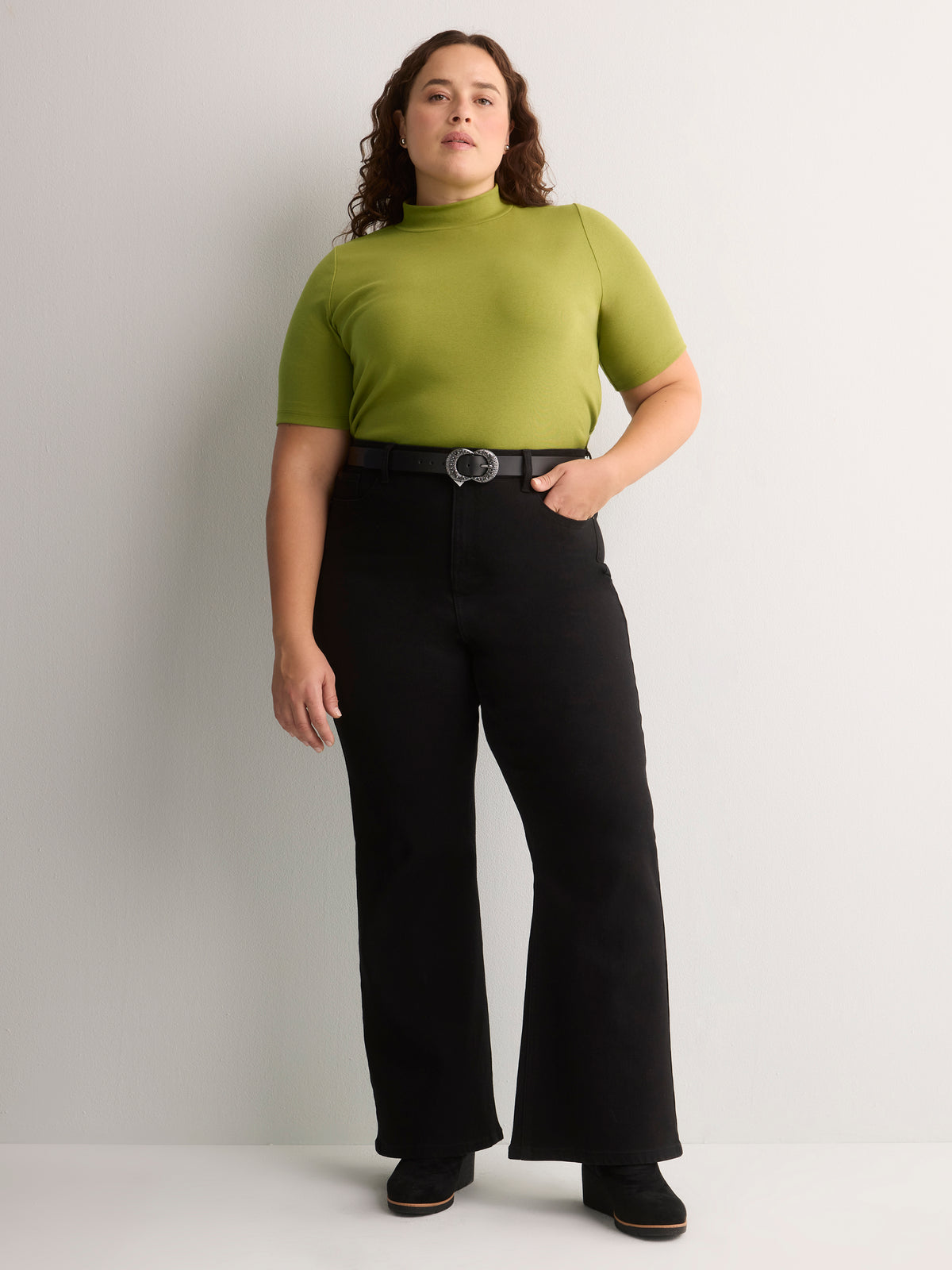 Fitted Mock-Neck Elbow-Sleeve Rib Knit Top
