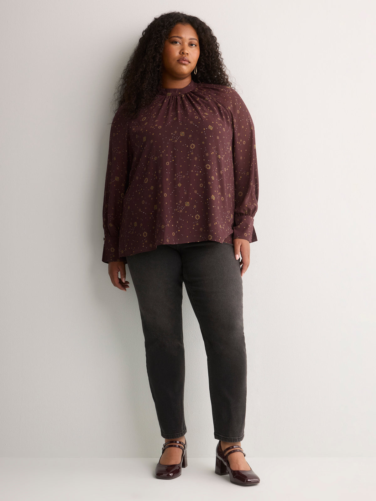 Chiffon Shirred Mock-Neck A-Line Blouse