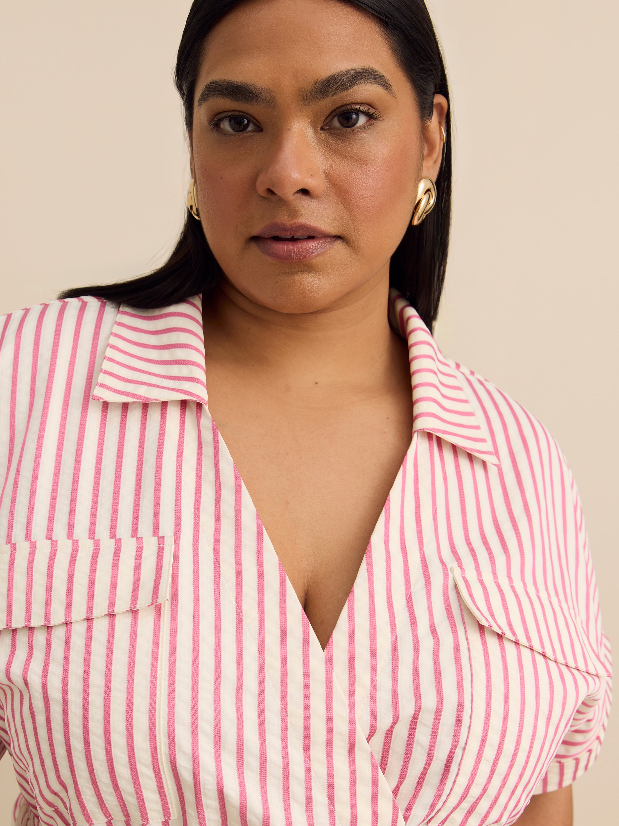 Pink Midi Tiered Utility Shirt Dress