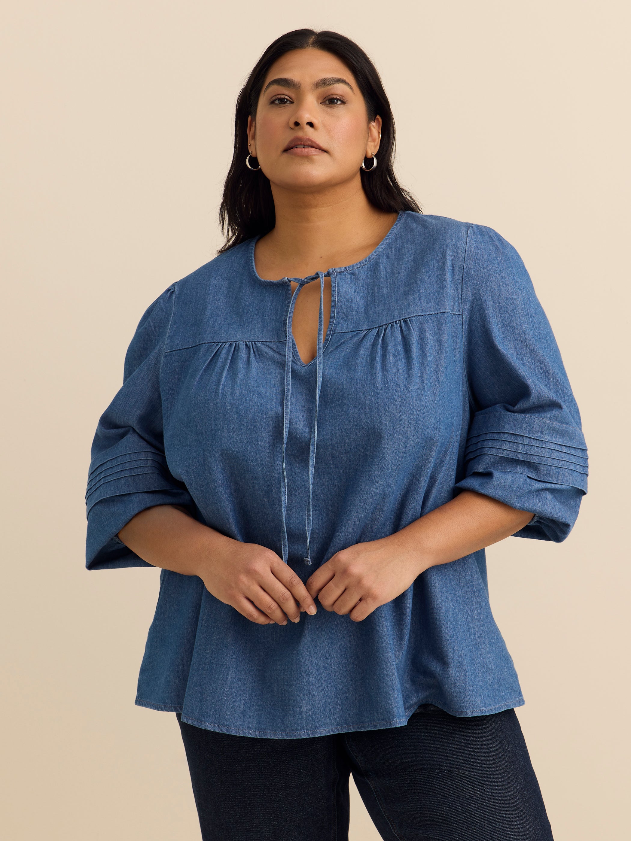 Denim Blouse with Balloon Sleeves