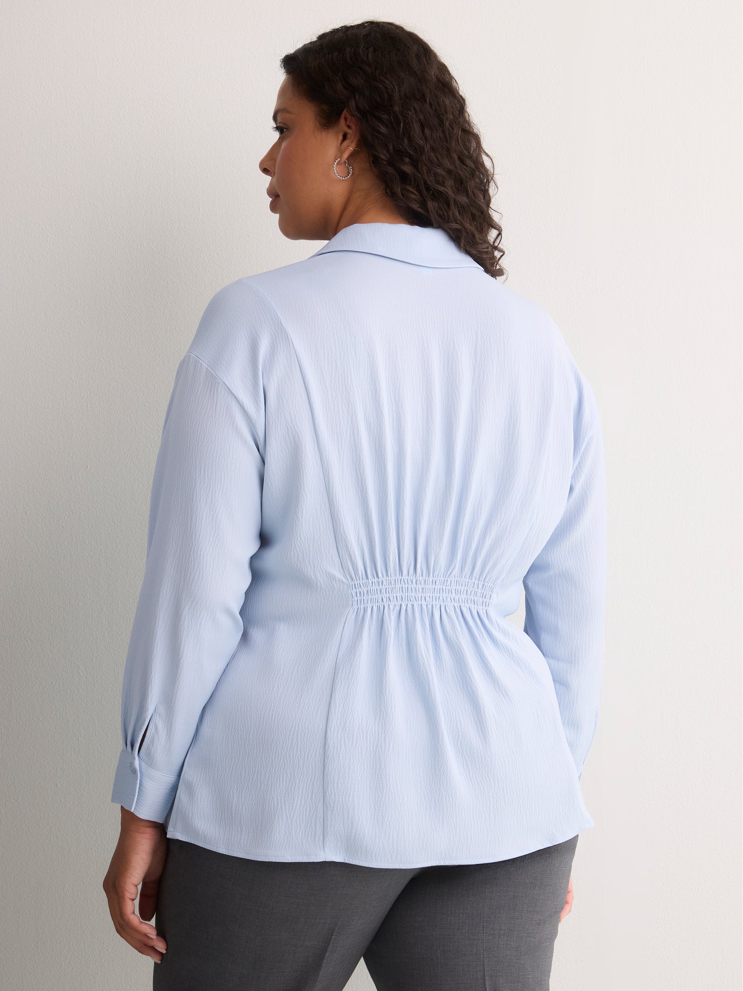 Soft Blue Textured Dropped-Shoulder Fit-and-Flare Shirt Blouse