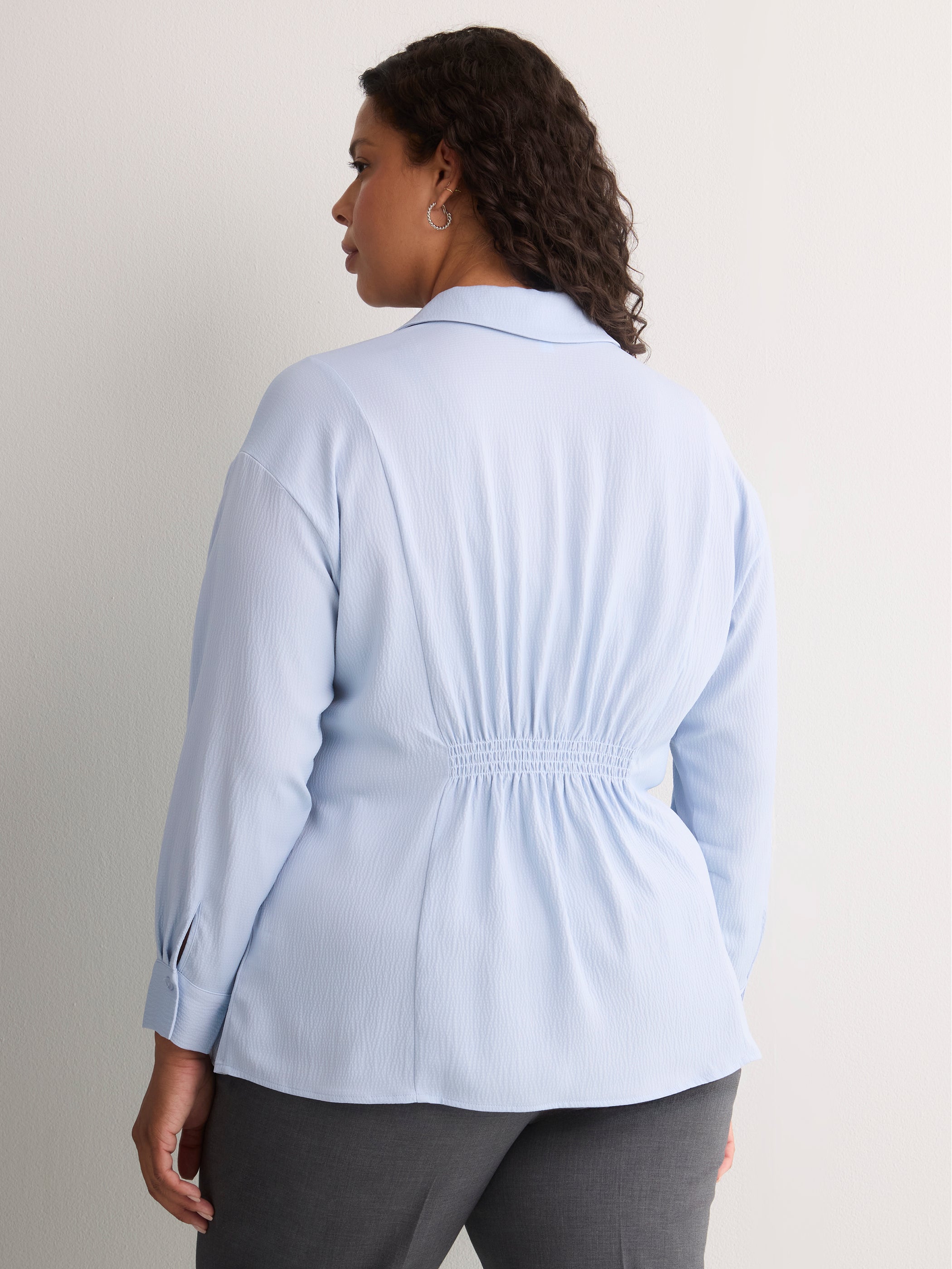 Soft Blue Textured Dropped-Shoulder Fit-and-Flare Shirt Blouse