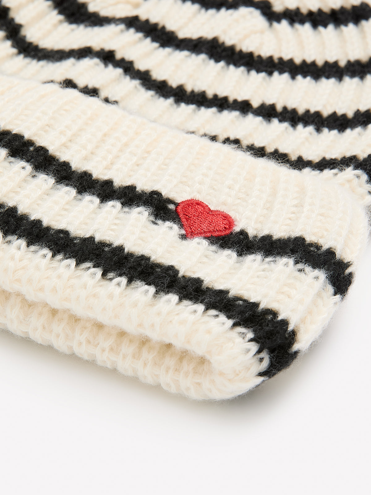 Striped Rib Knit Cuffes Beanie with Embroidered Heart