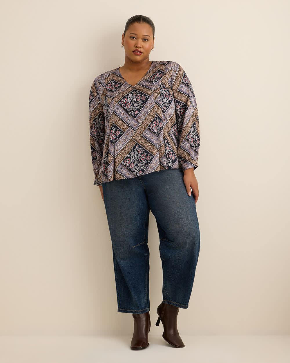 Blouse plissée évasée à manches longues avec motif courtepointe