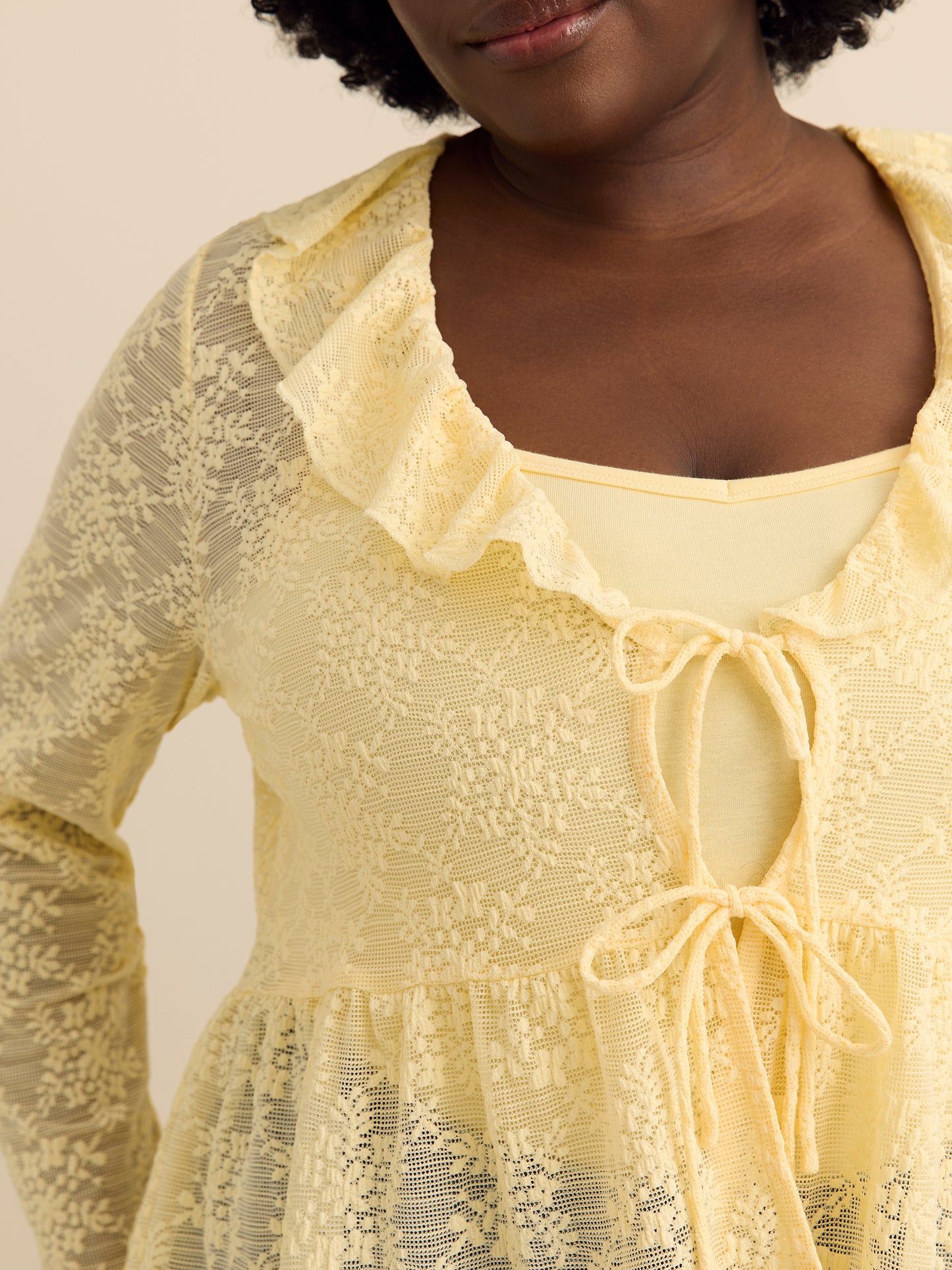 V-Neck Fit and Flare Lace Top with Ruffles