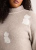 Beige Loose-Fit Mock-Neck Sweater with Embroidered Cats