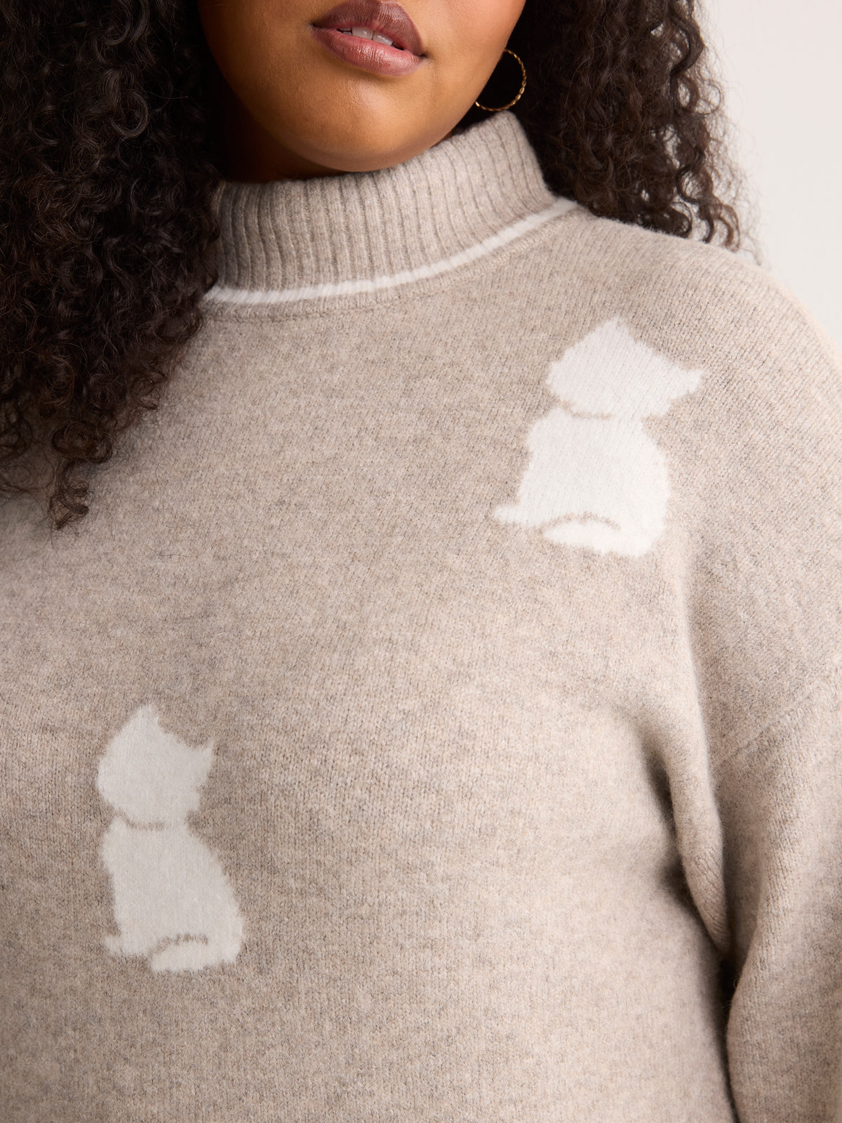 Beige Loose-Fit Mock-Neck Sweater with Embroidered Cats