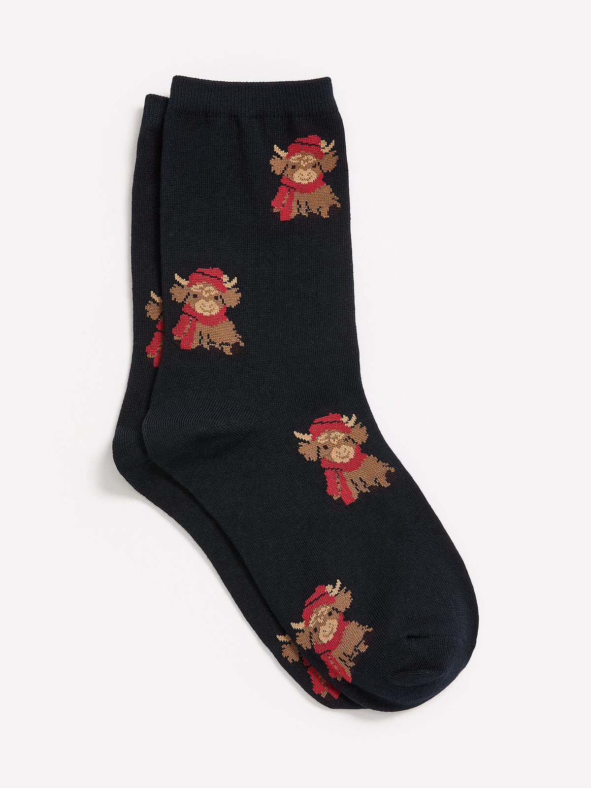 Dark Blue Rolled-Edge Cotton Crew Socks with Highland Cow Print