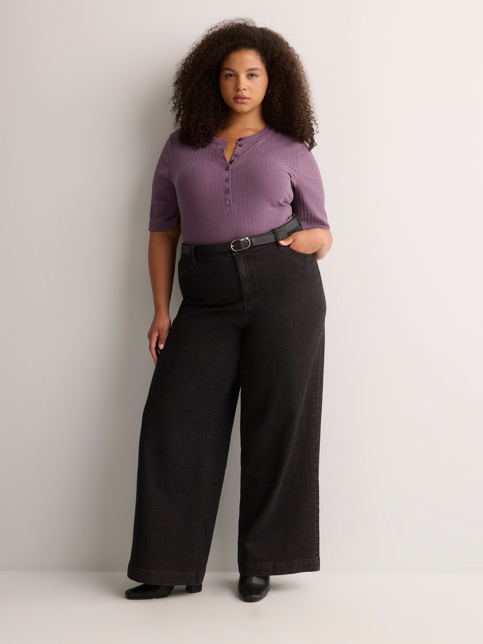 Straight Elbow-Sleeve Plum Pointelle Knit Henley Top
