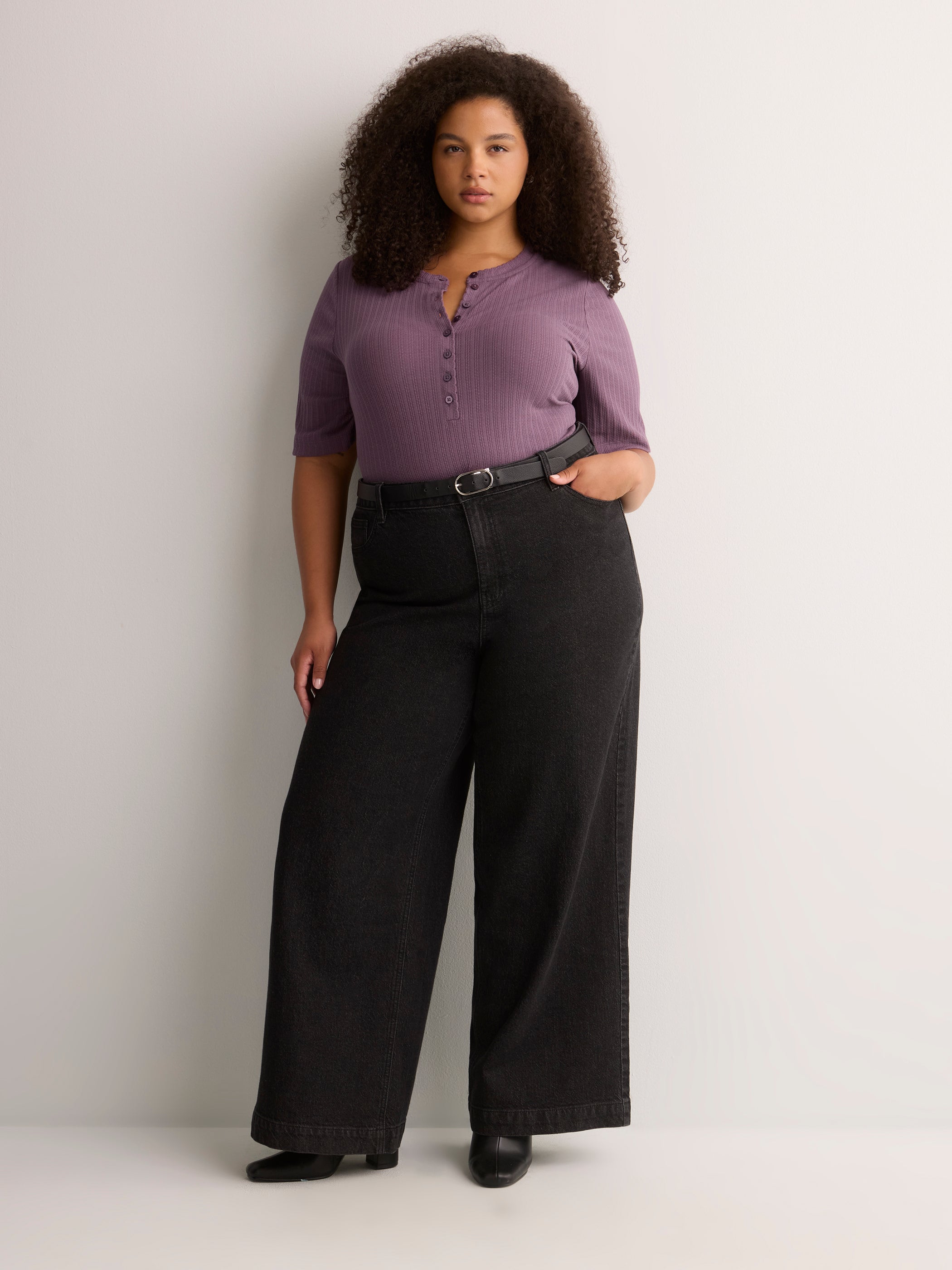 Straight Elbow-Sleeve Plum Pointelle Knit Henley Top