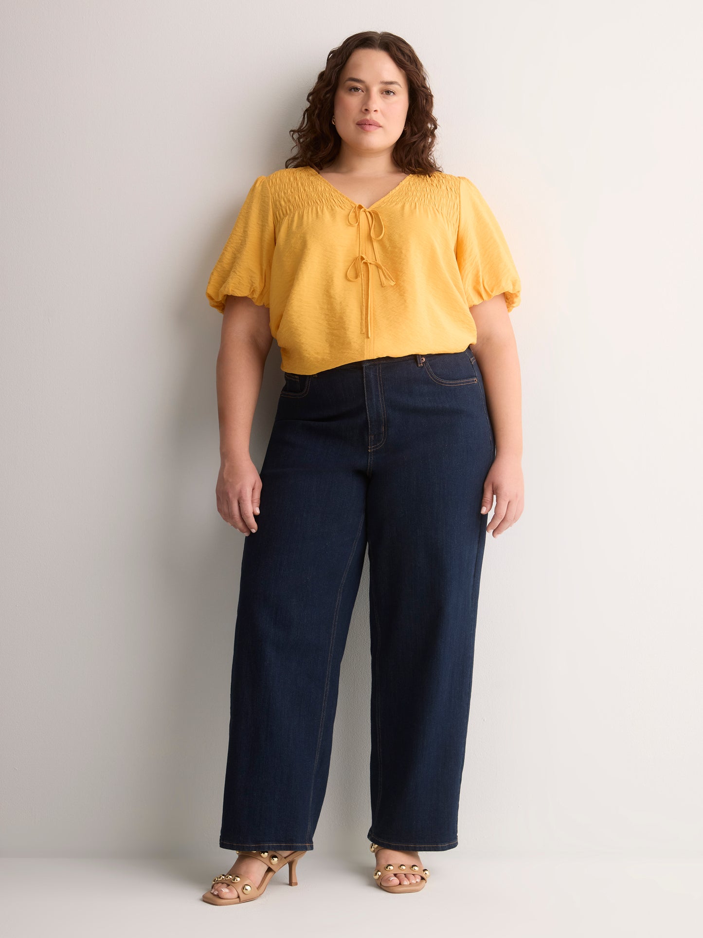 V-Neck Bubble-Sleeve Blouse with Smocked Yoke