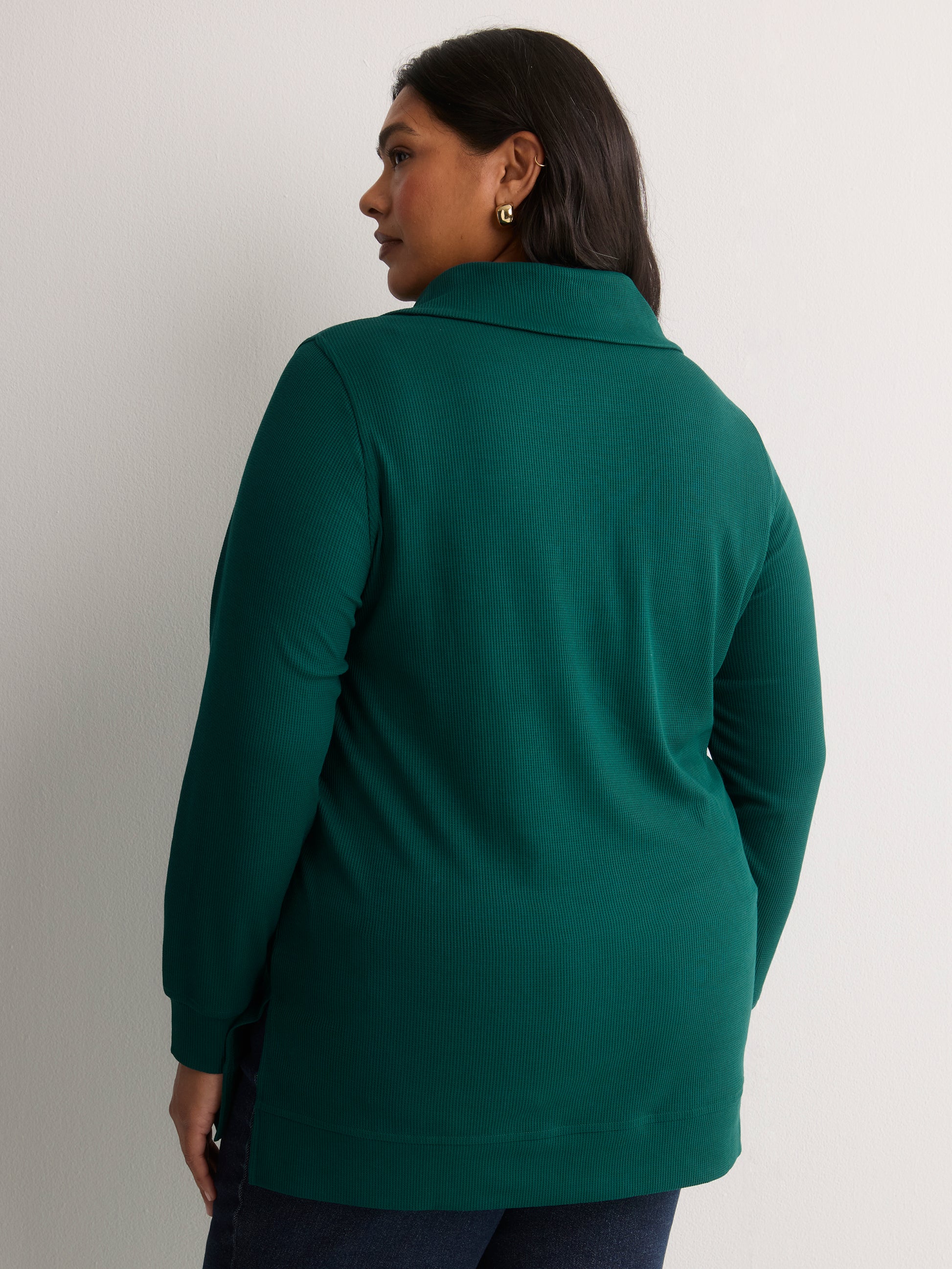 Loose Waffle Knit Tunic with Buttoned Collar