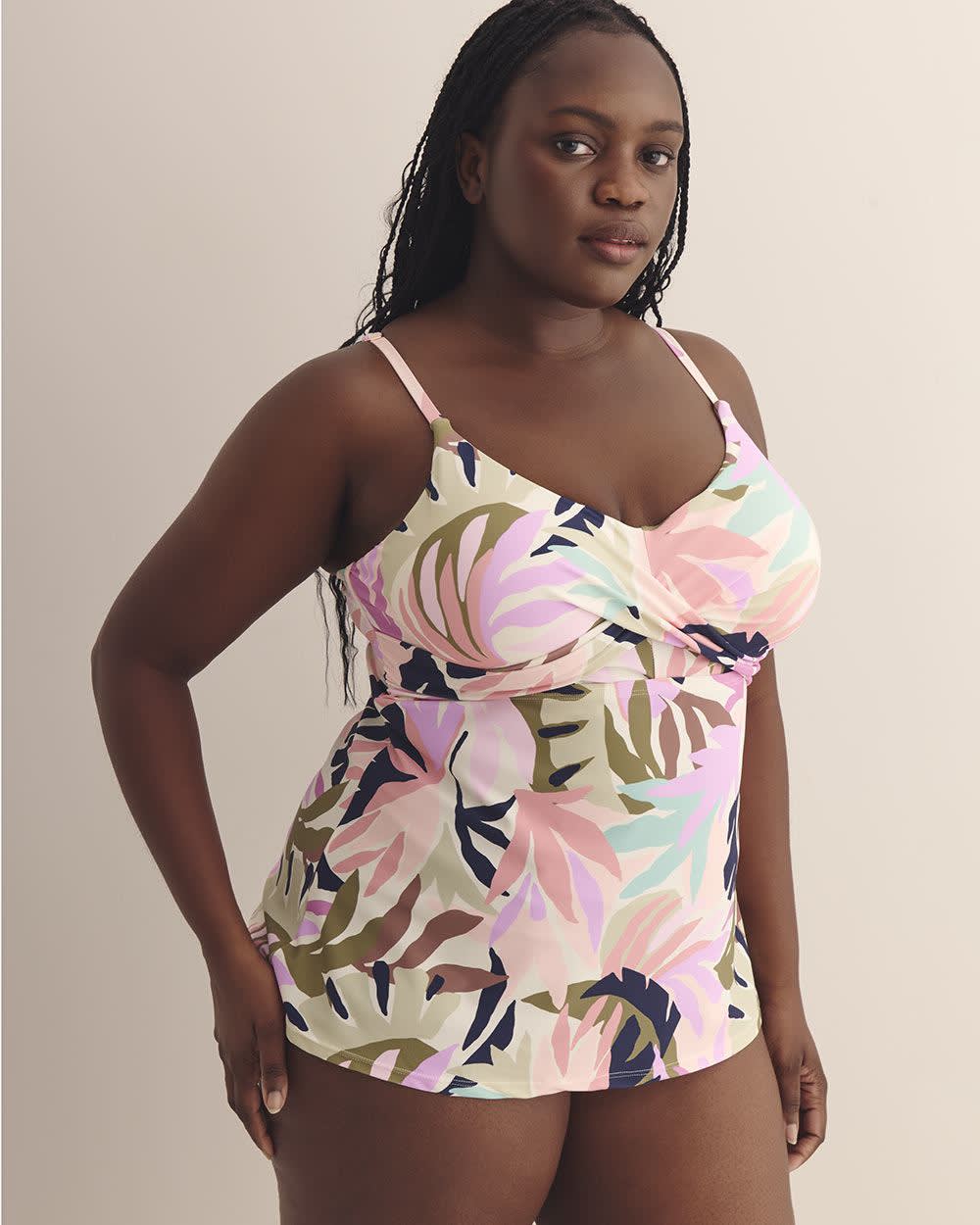 Leaf-Print Aeries Tankini Top - Raisins Curve