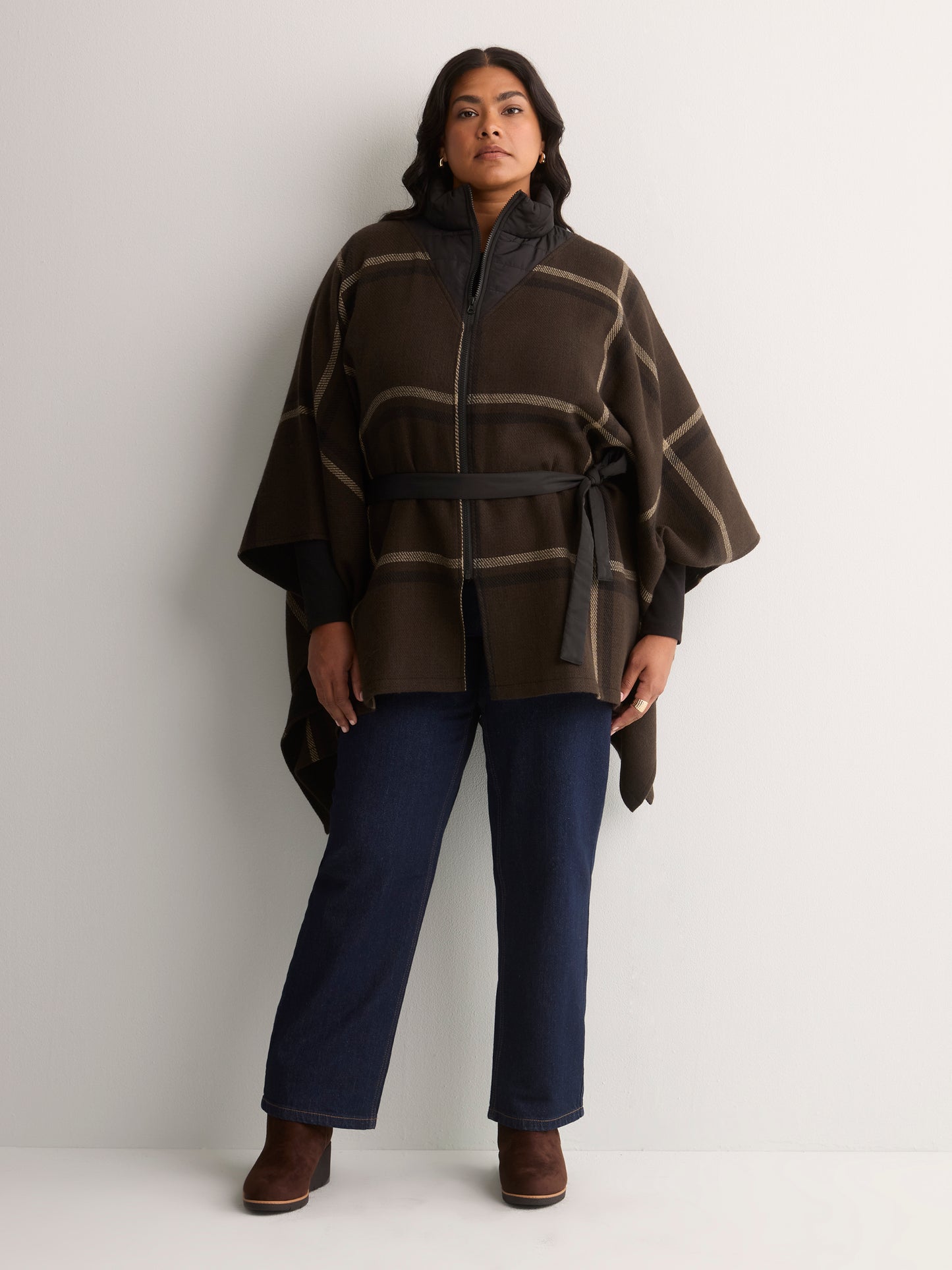 Brown Puffer Neck Cape with Belt and Zipper