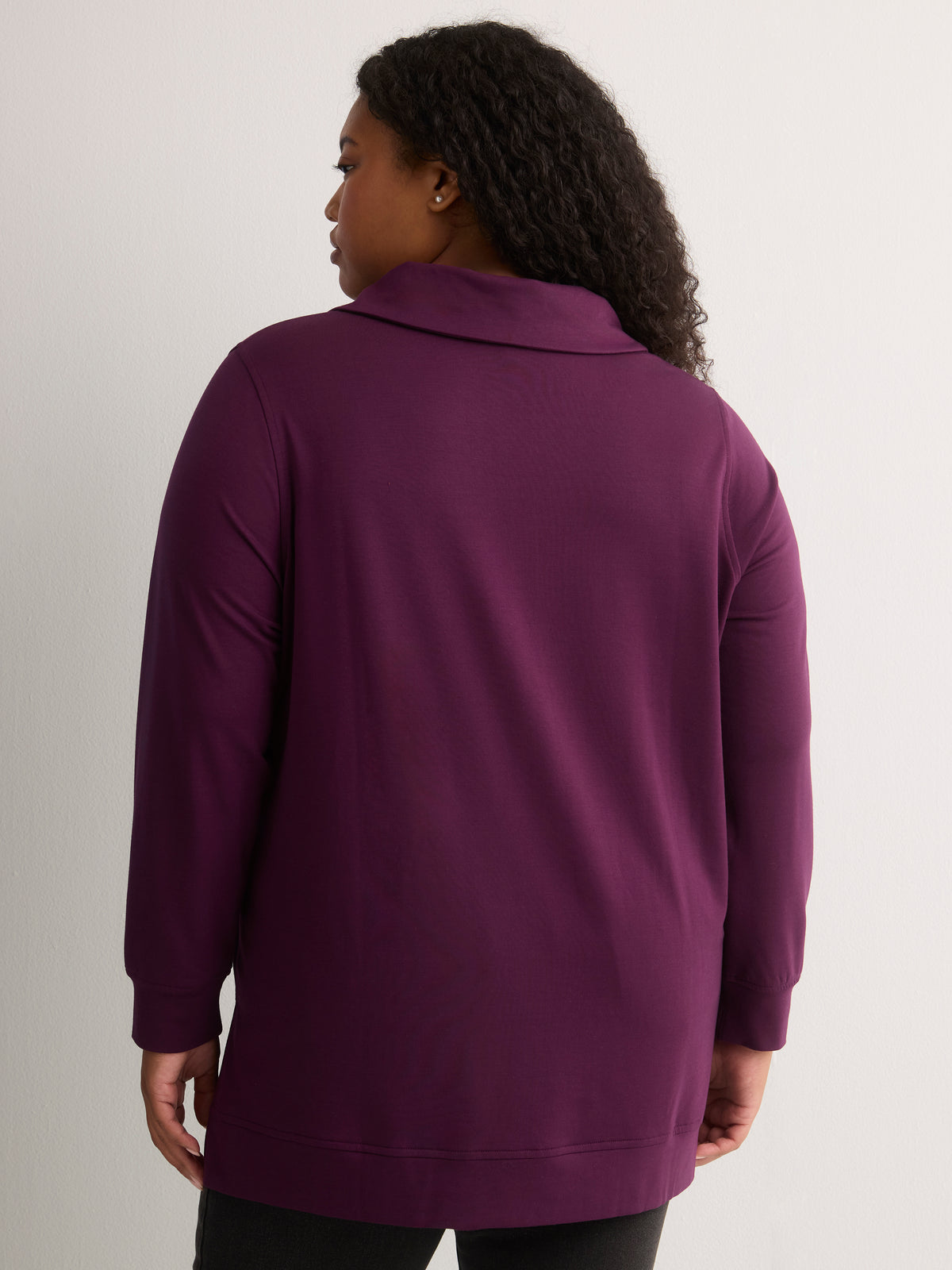 Loose French Terry Tunic Top with Buttoned Johnny Collar