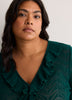 Straight V-Neck Crochet Pointelle Knit Blouse with Trumpet Sleeves