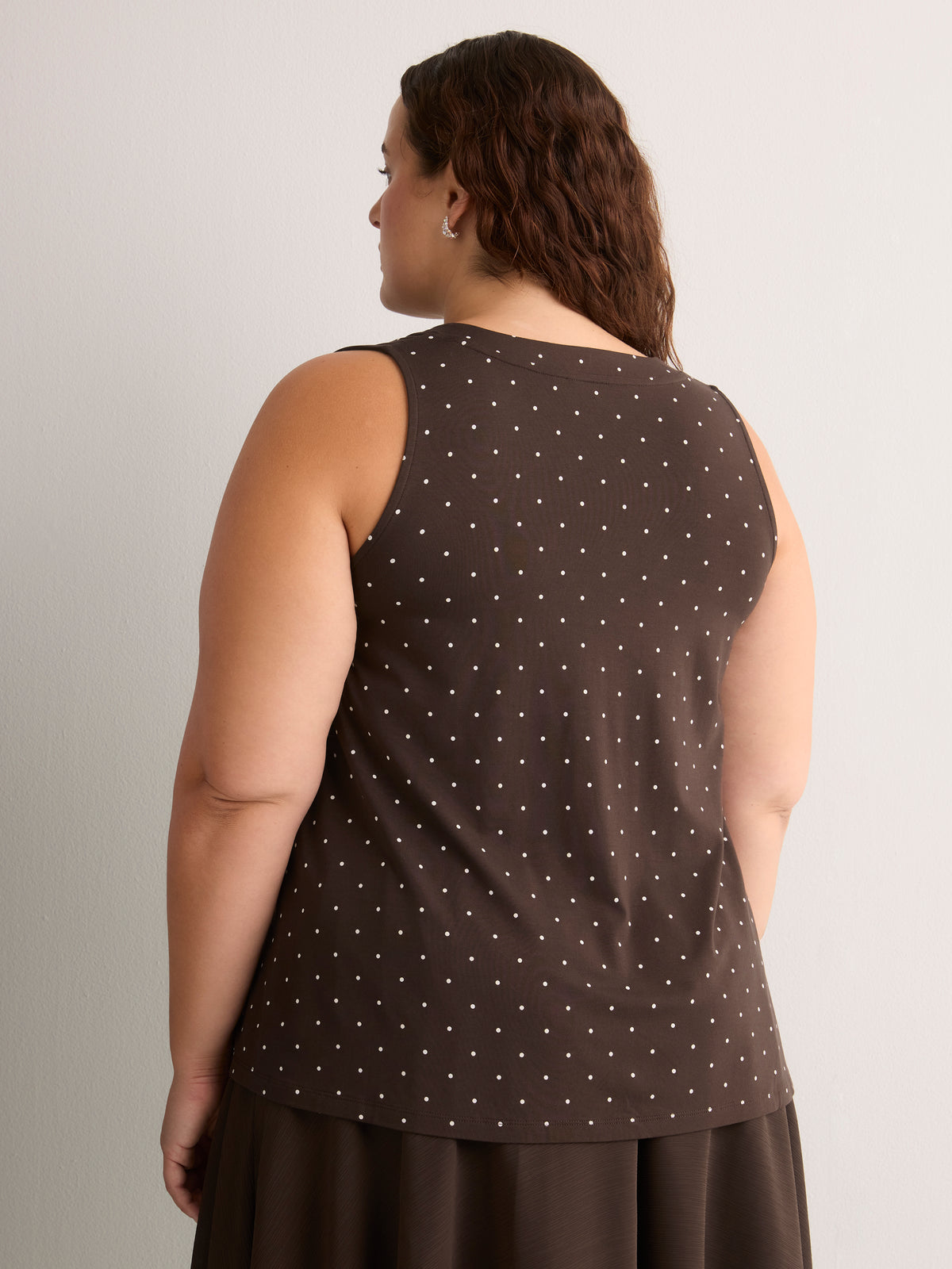 Responsible, Brown Dotted Sleeveless V-Neck Swing Top