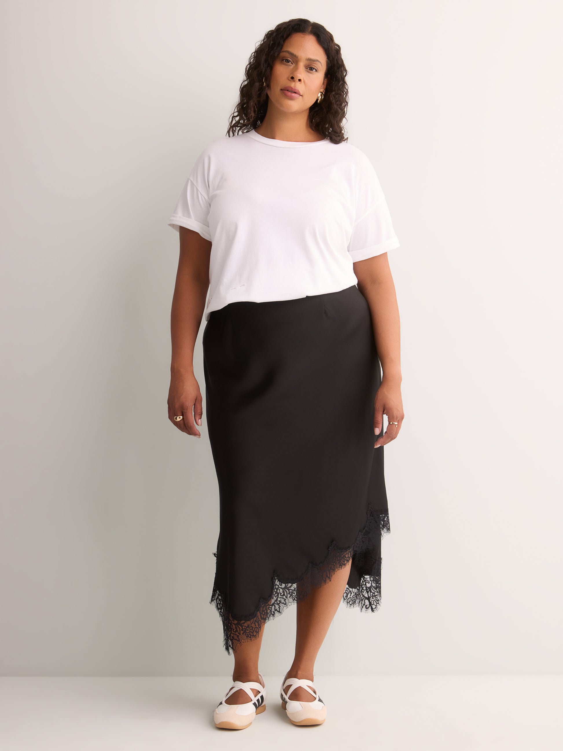 Black Satin Midi Skirt with Lace Hem