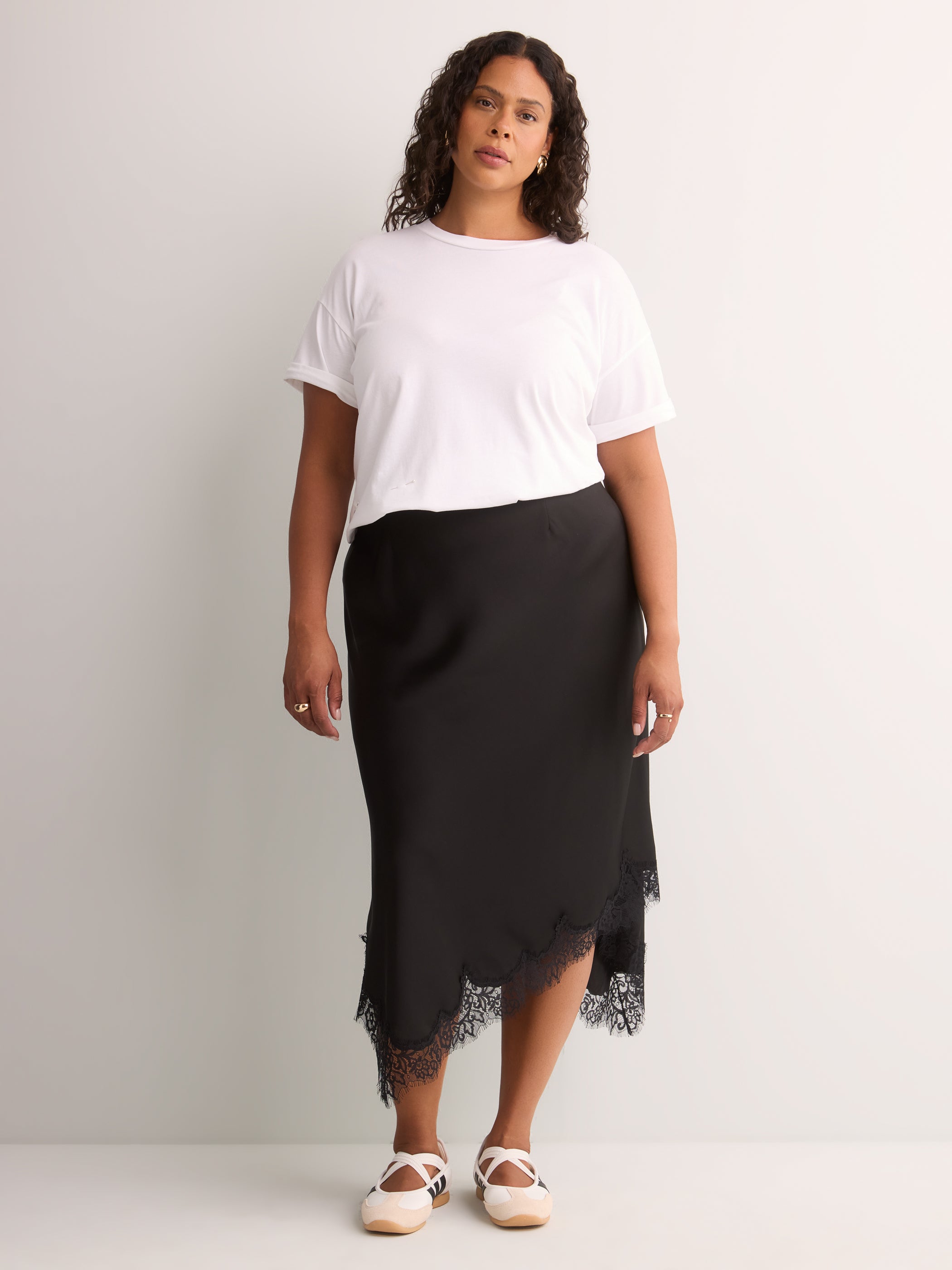 Black Satin Midi Skirt with Lace Hem