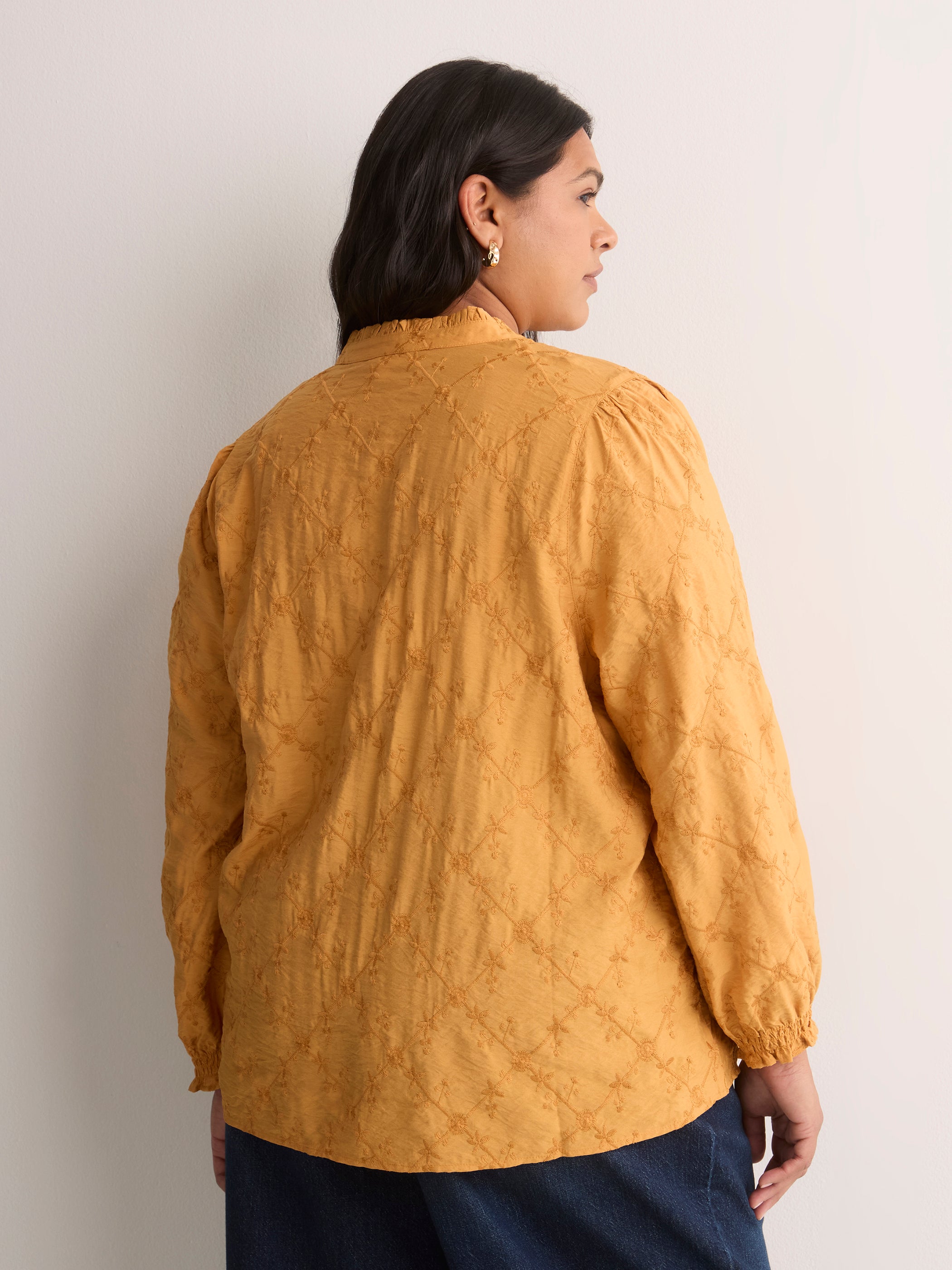 Yellow Embroidered A-Line Blouse with Split Ruffled Collar