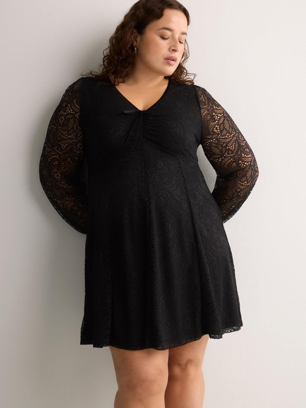 Fit-and-Flare Shirred V-Neck Lace Dress