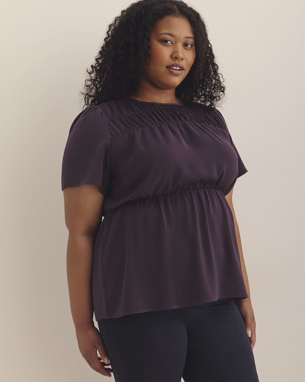 Short Flutter Sleeve Blouse with Smocked Top