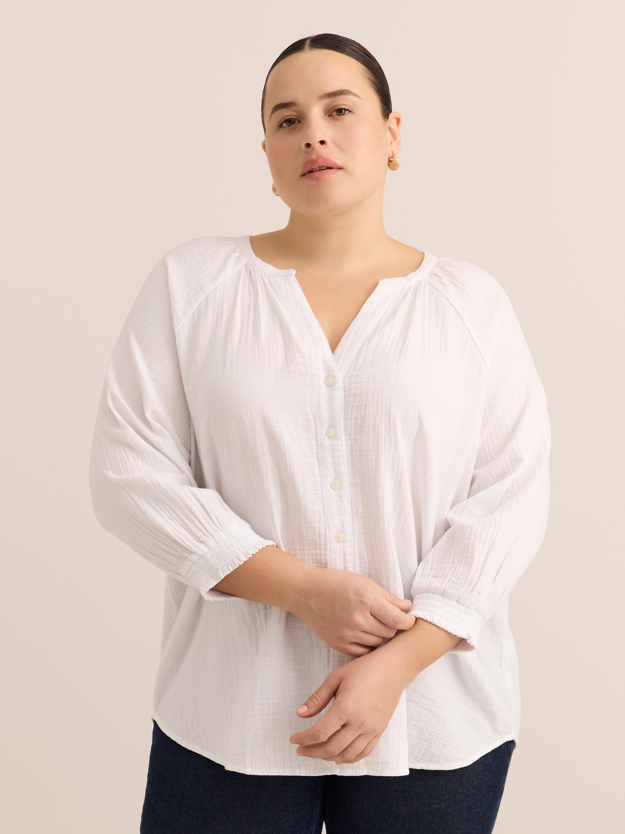 Cotton A-Line Notch-Neckline Blouse