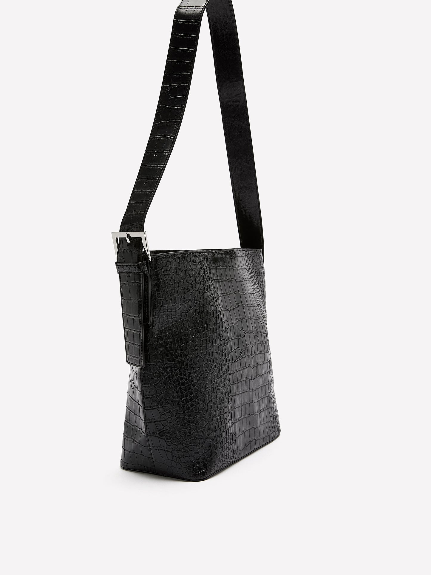 Black Faux Leather Croco Bucket Bag