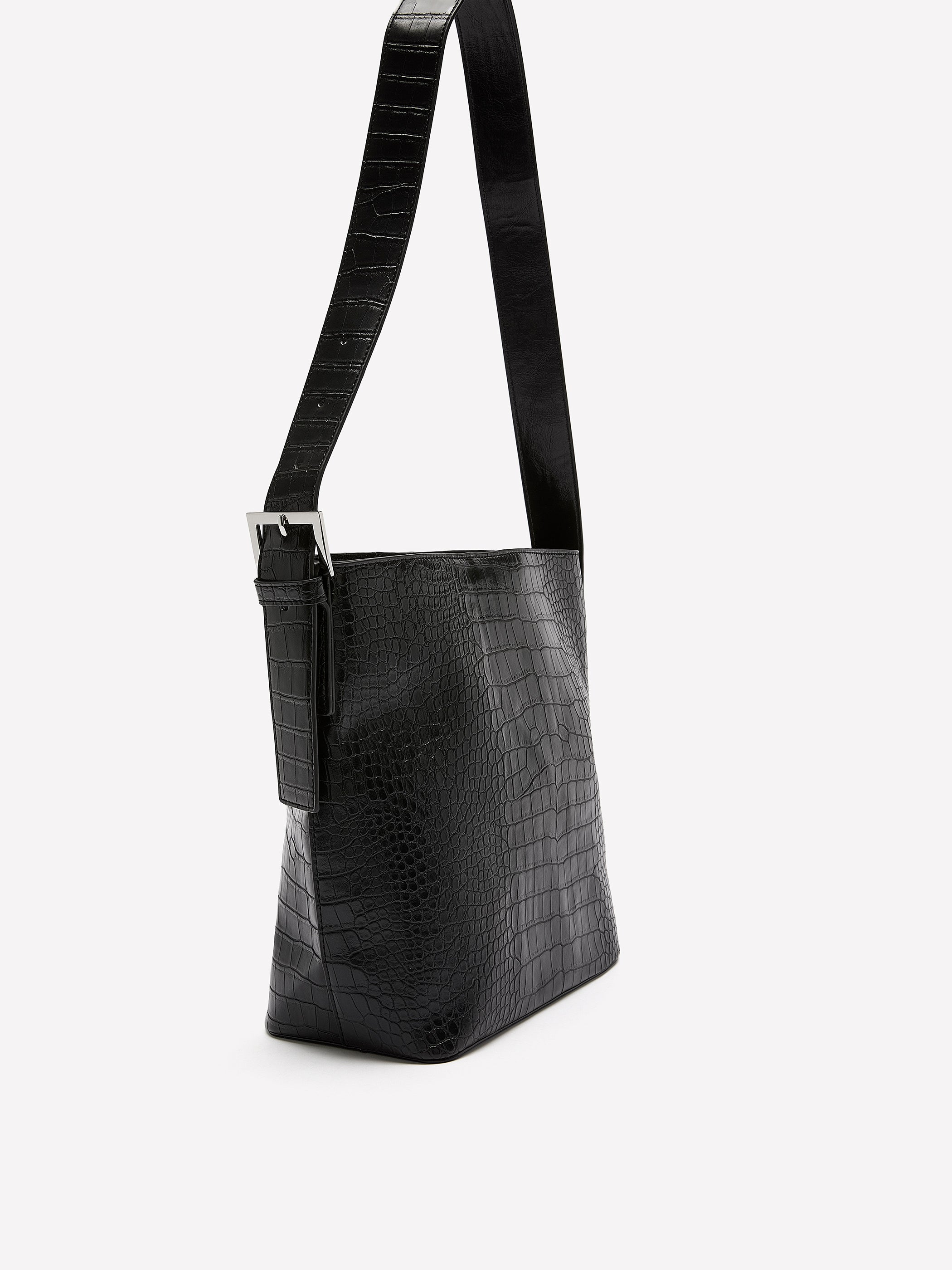 Black Faux Leather Croco Bucket Bag