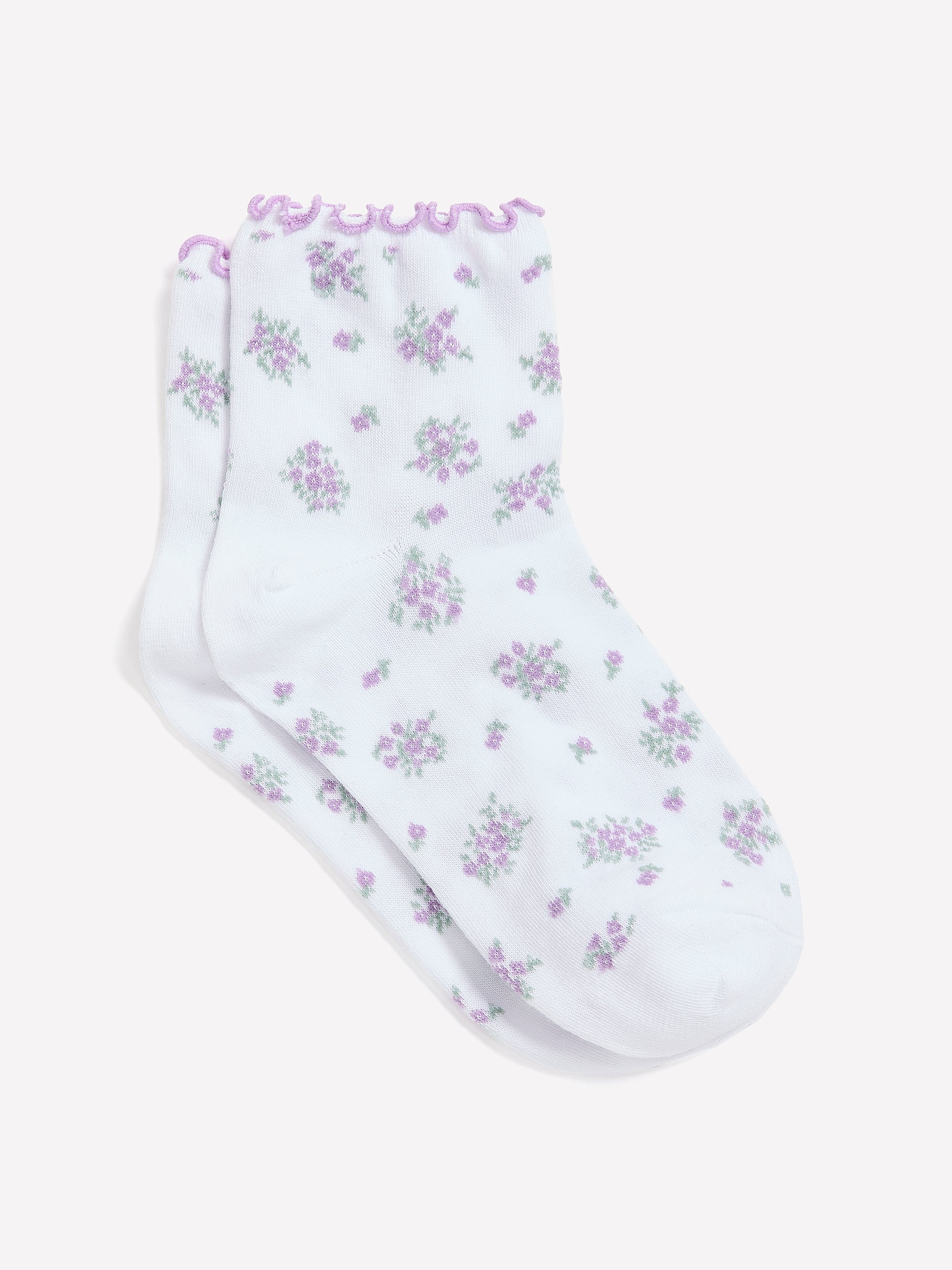 White Floral Ankle Socks with Lettuce Edge