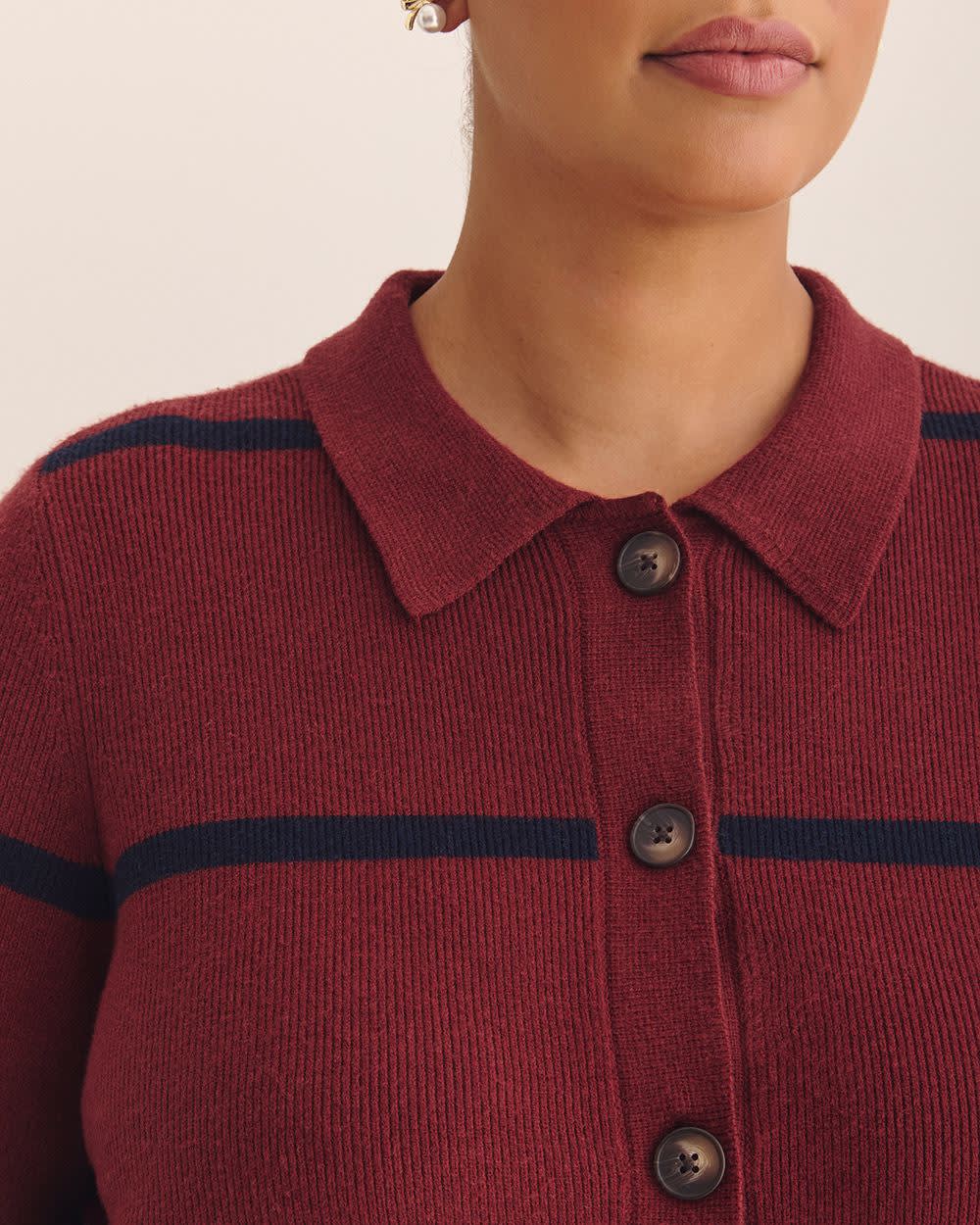 Responsible, Striped Buttoned-Down Polo Sweater Cardigan