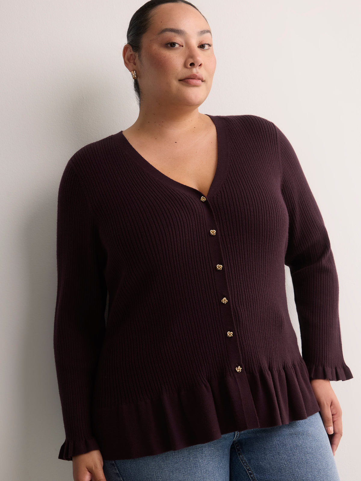Responsible, Fit and Flare Peplum Button-Down Sweater