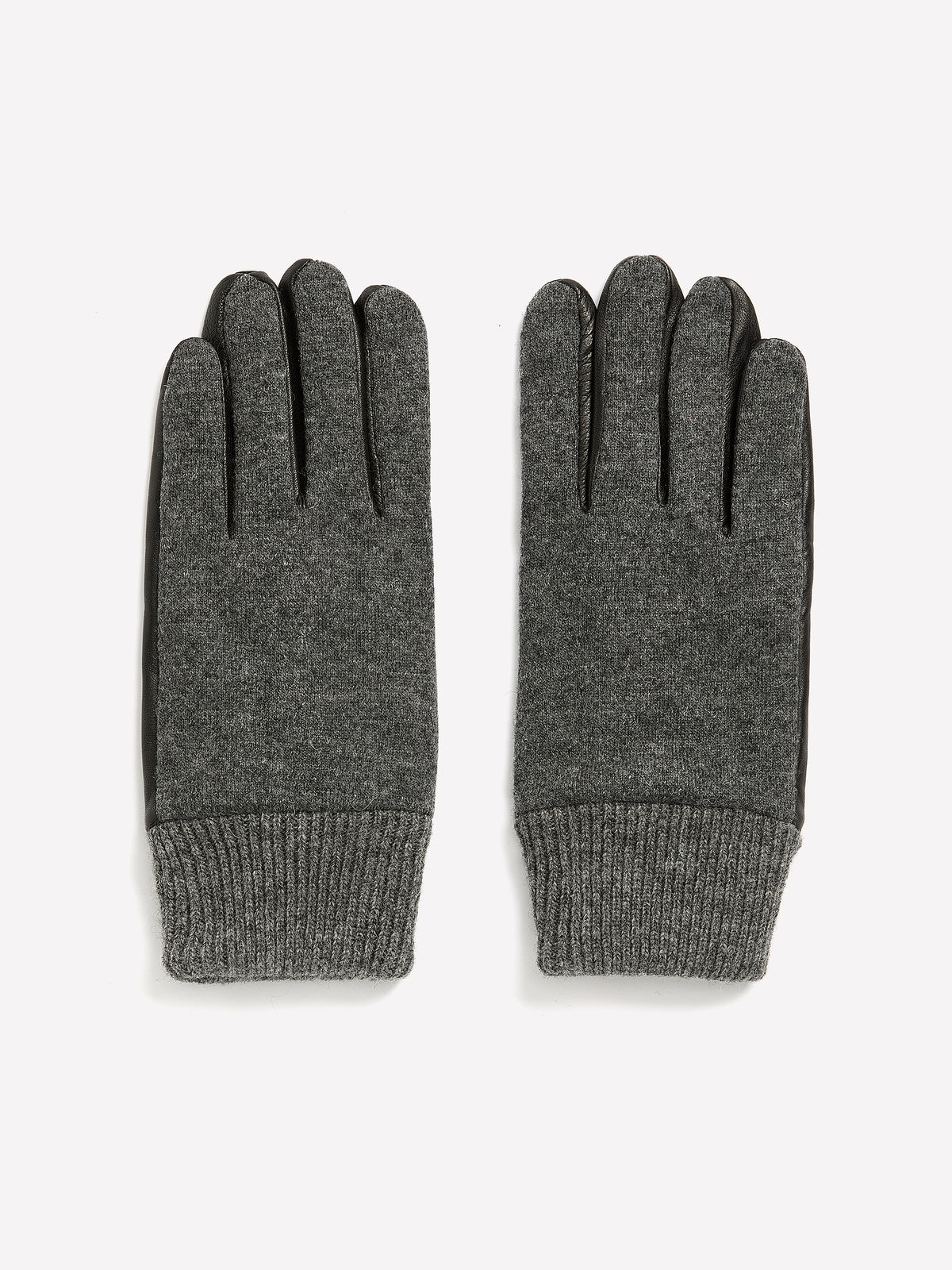 Black and Grey Leather and Knit Gloves with Ribbed Cuffs