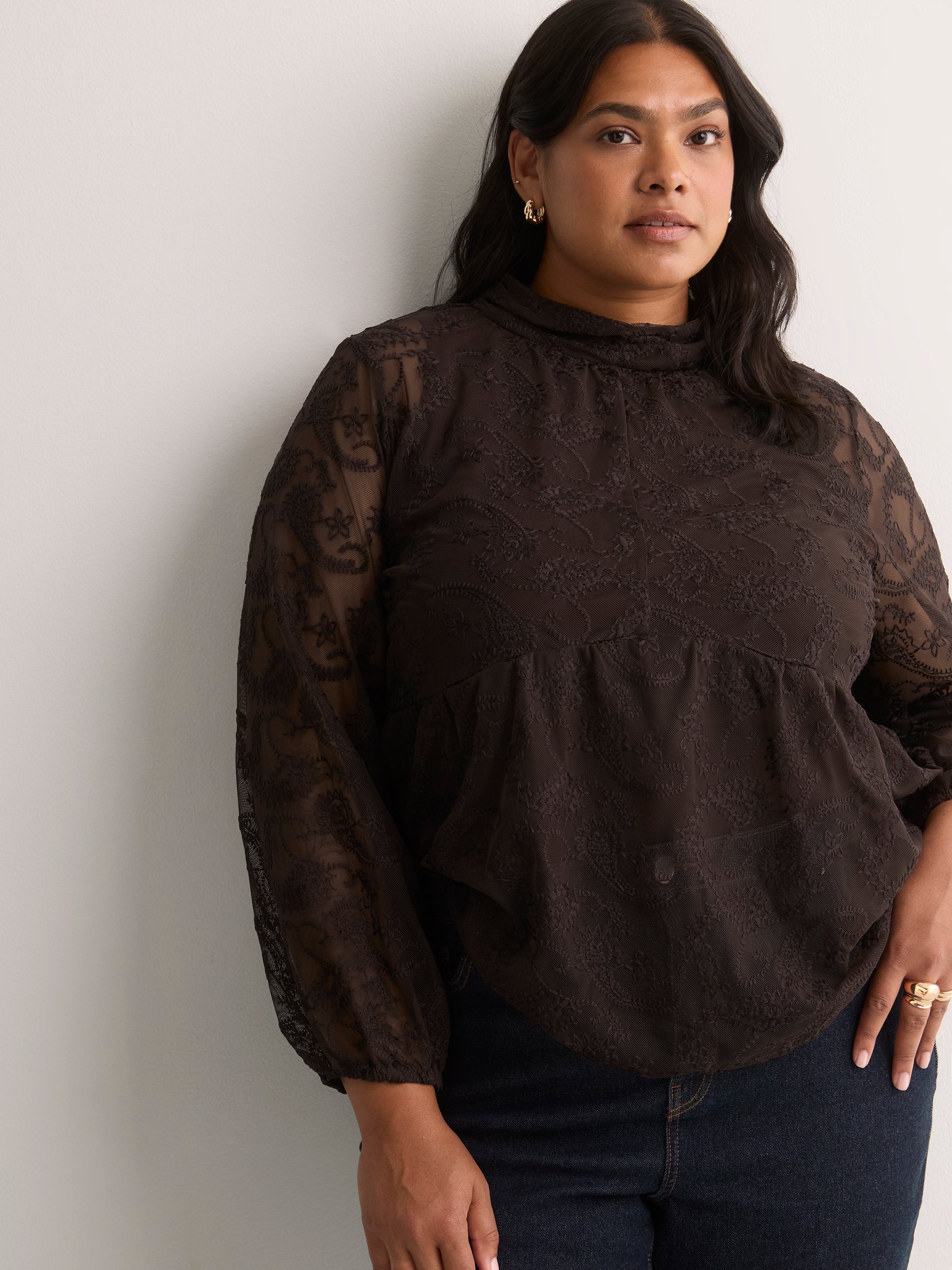 Mock-Neck Long-Sleeve Embroidered Blouse