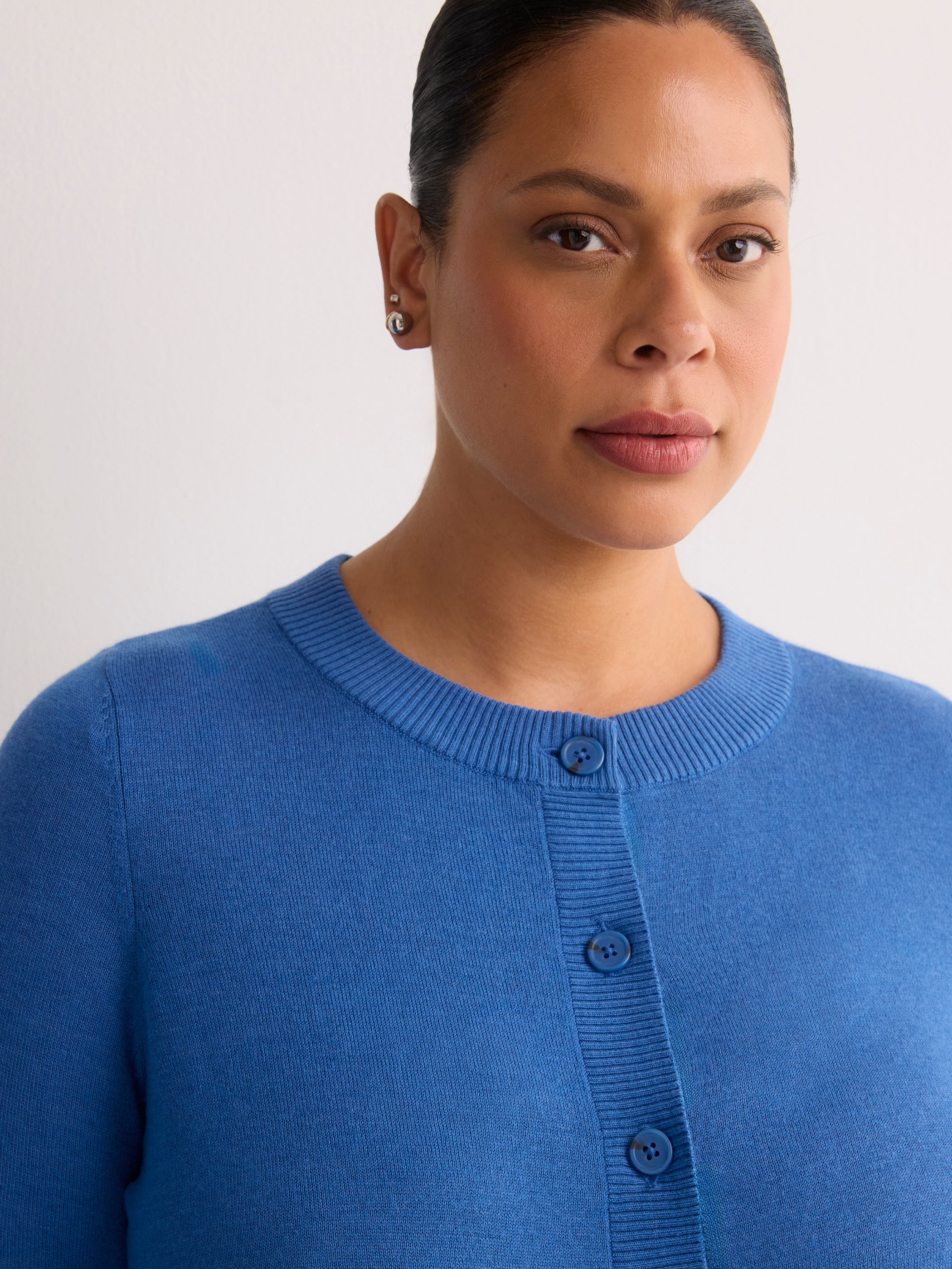 Responsible, Buttoned-Down Cotton Blend Crew Neck Cardigan