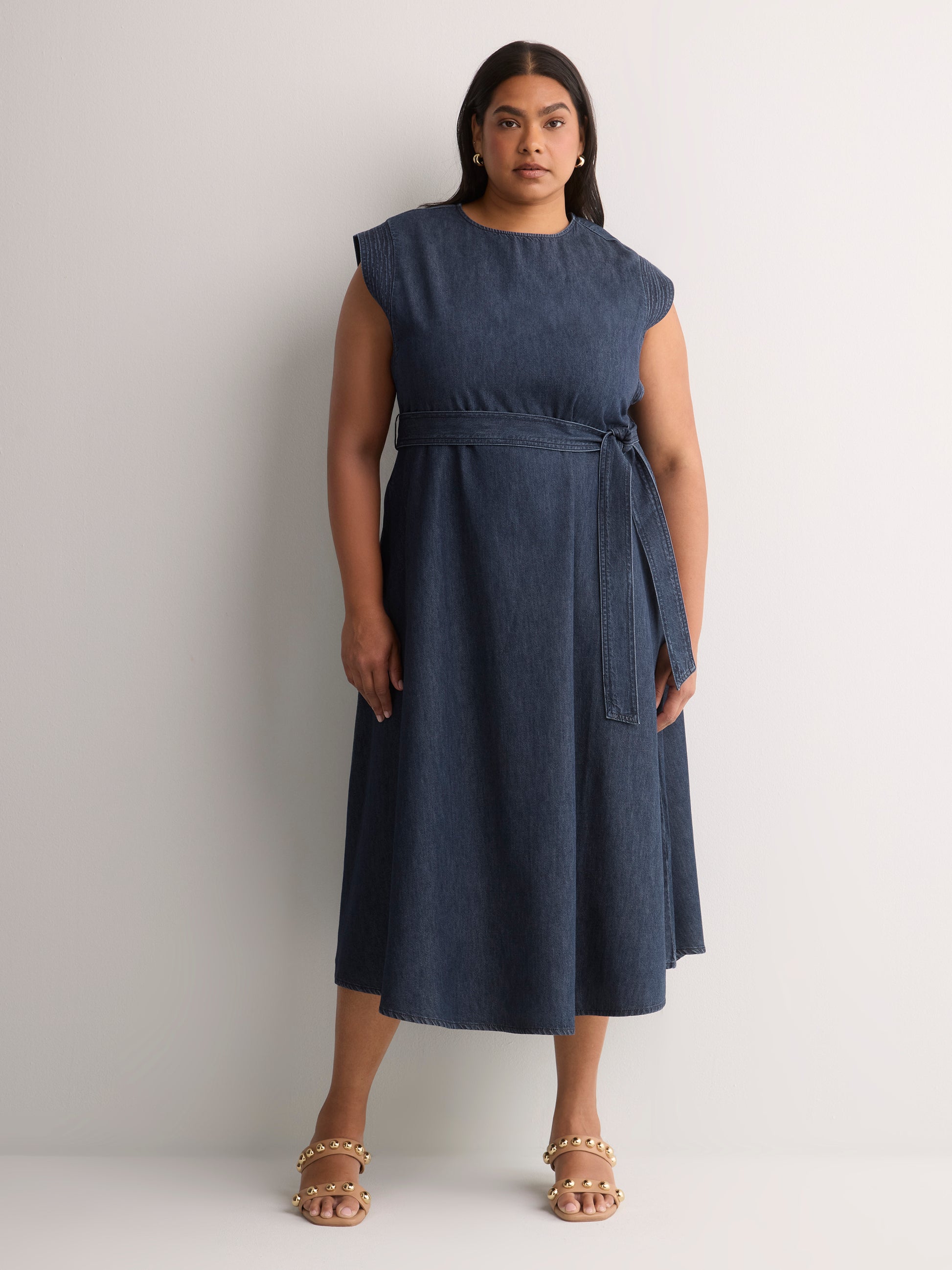 Dark Denim Sleeveless Crew-Neck Sash Midi Dress