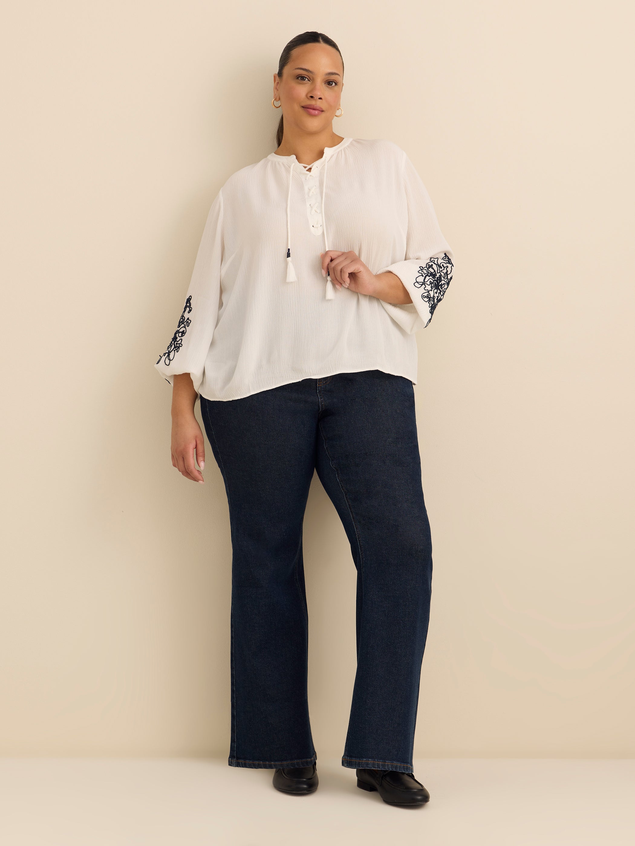 Blouse évasée boho à manches longues brodées