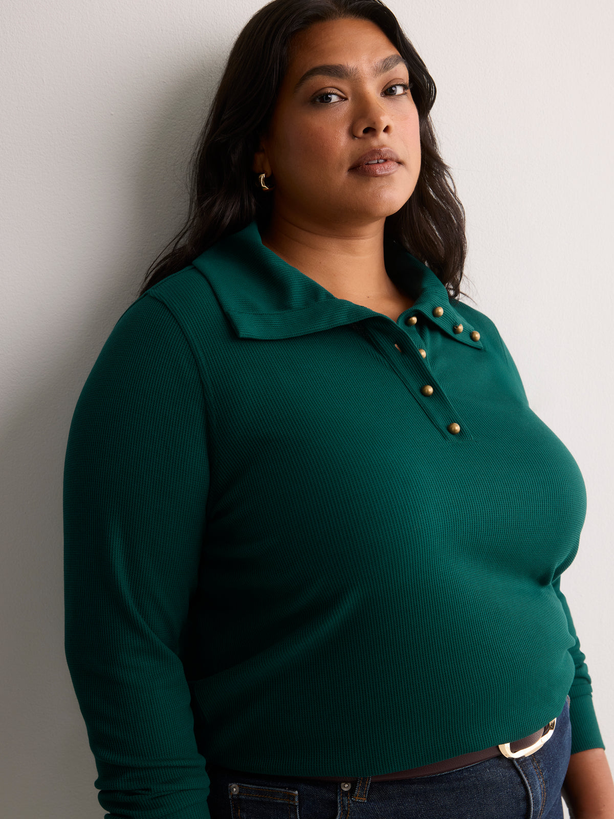 Loose Waffle Knit Tunic with Buttoned Collar