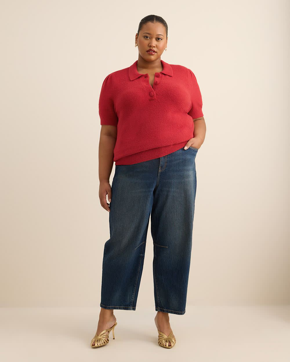 Red Plush Polo Sweater with Fancy Buttons